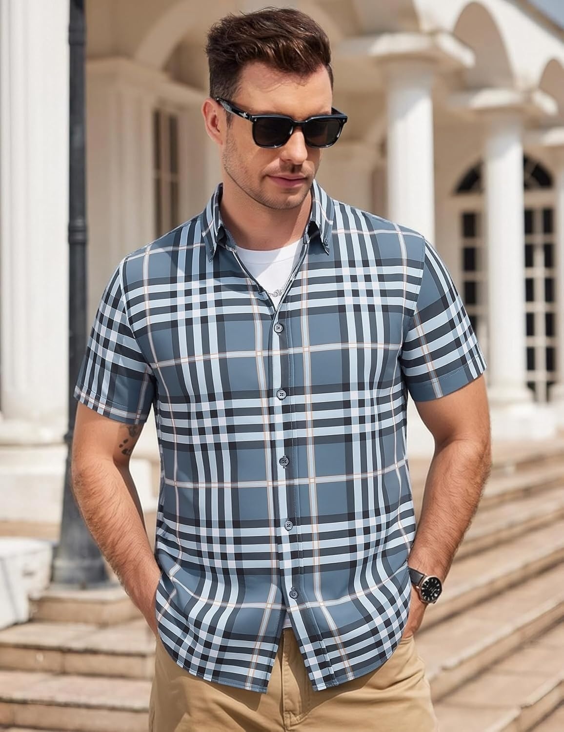 image:imageAlex Vando Mens Big Plaid Button Down Shirts Wrinkle Free 4Way Stretch Print Business Casual Shirt29 DustyblueWhite