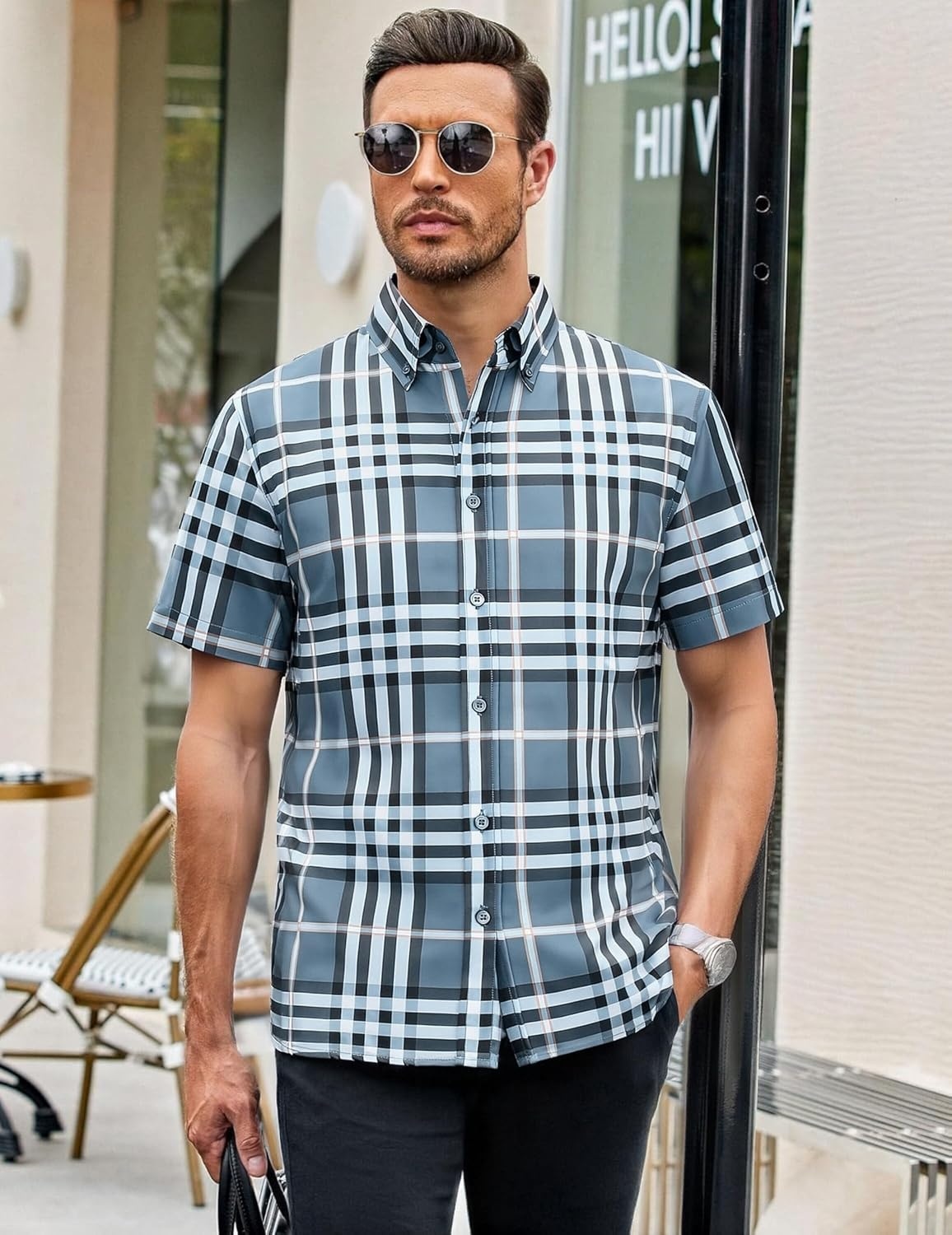 image:imageAlex Vando Mens Big Plaid Button Down Shirts Wrinkle Free 4Way Stretch Print Business Casual Shirt29 DustyblueWhite