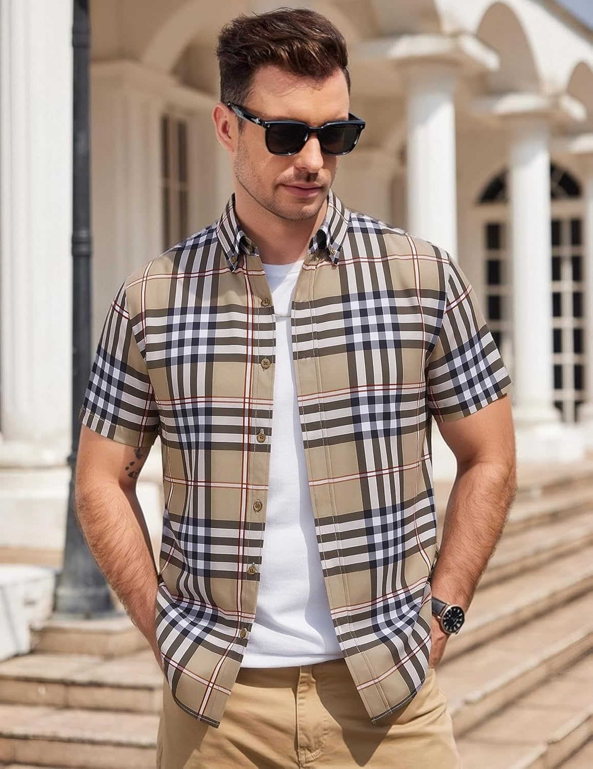 image:imageAlex Vando Mens Big Plaid Button Down Shirts Wrinkle Free 4Way Stretch Print Business Casual Shirt30 BrownWhite
