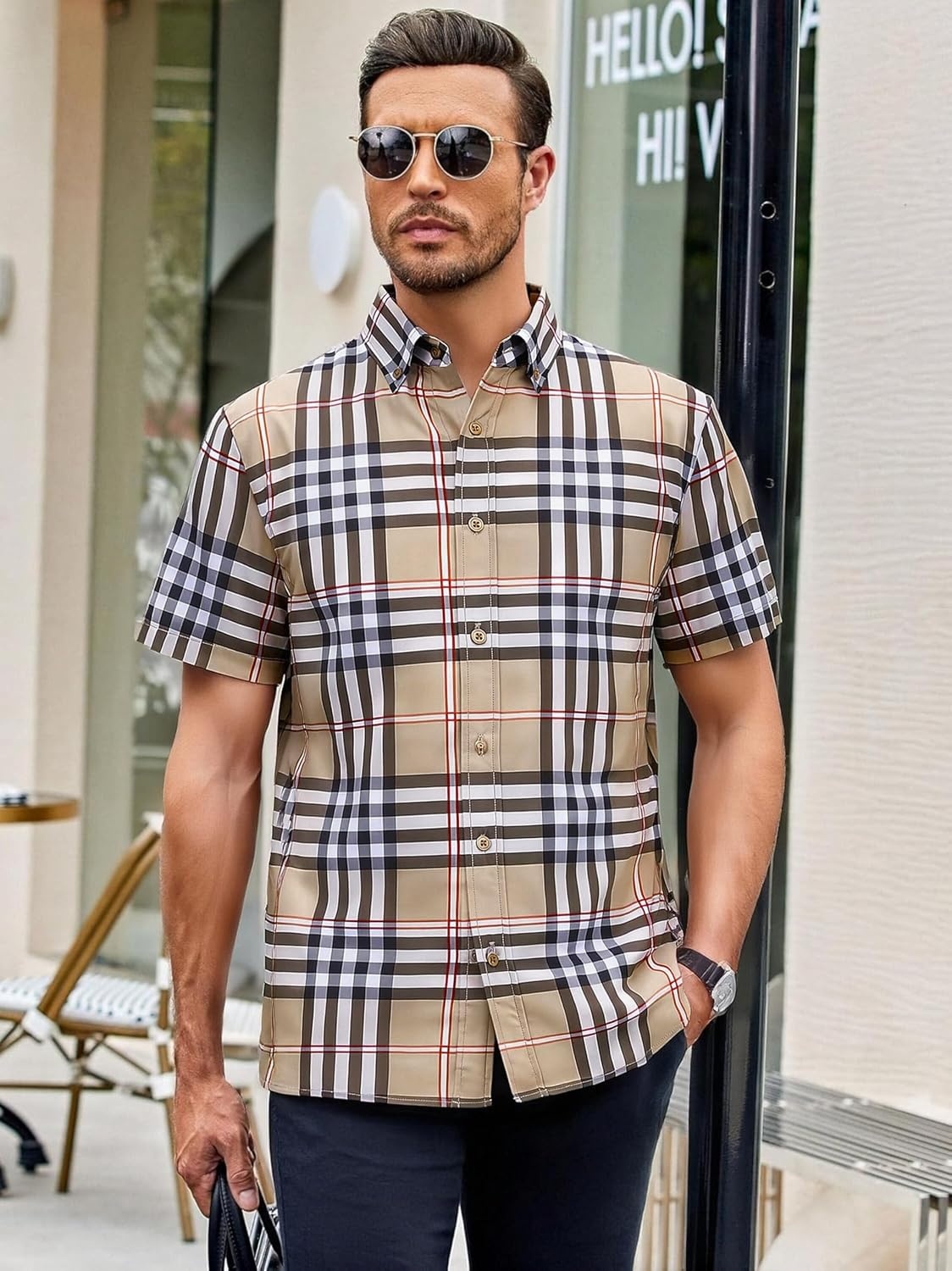 image:imageAlex Vando Mens Big Plaid Button Down Shirts Wrinkle Free 4Way Stretch Print Business Casual Shirt30 BrownWhite
