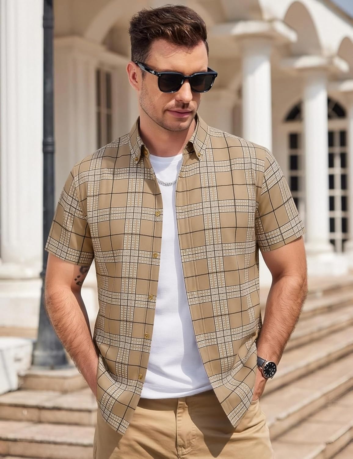 image:imageAlex Vando Mens Big Plaid Button Down Shirts Wrinkle Free 4Way Stretch Print Business Casual Shirt32 Khaki