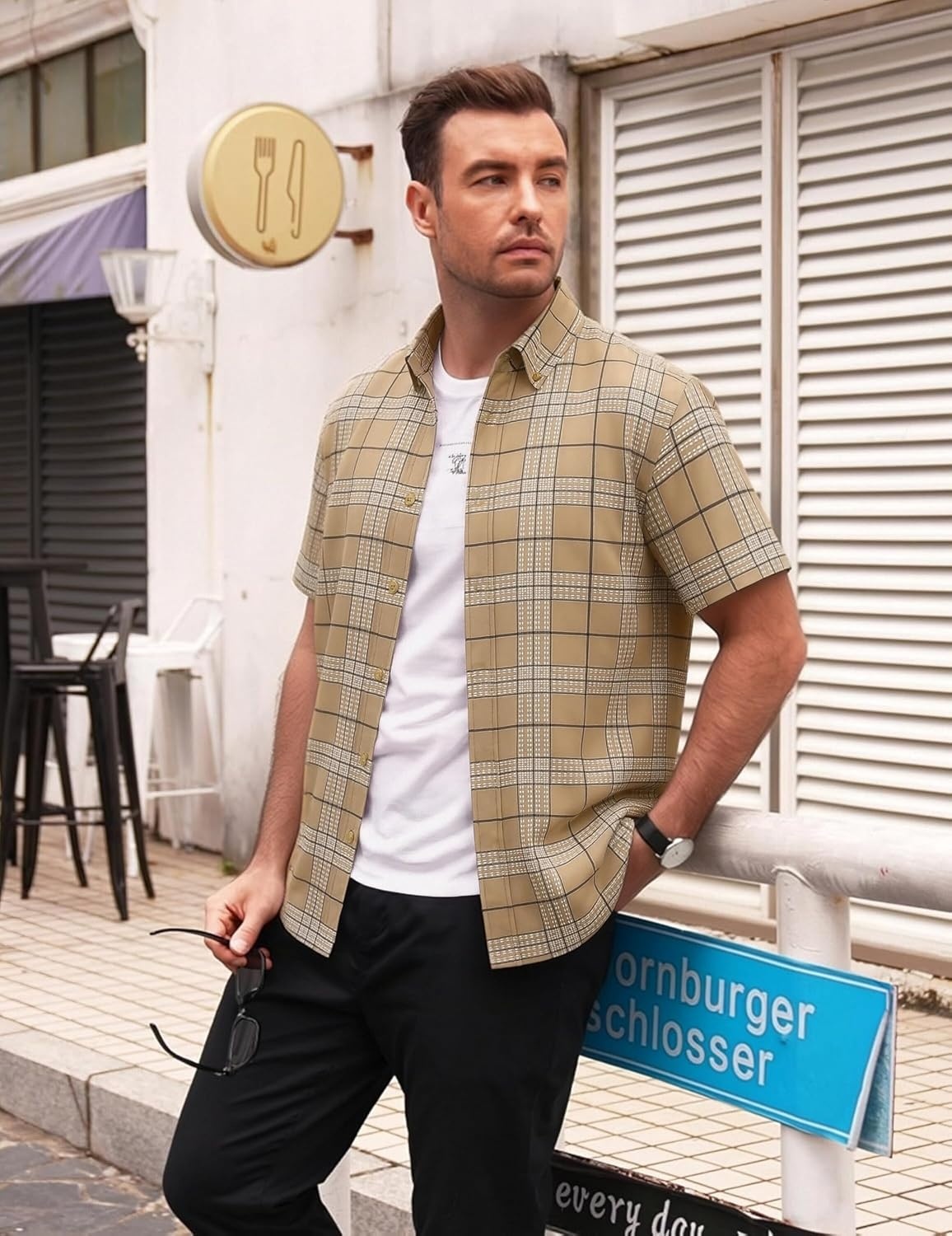 image:imageAlex Vando Mens Big Plaid Button Down Shirts Wrinkle Free 4Way Stretch Print Business Casual Shirt32 Khaki