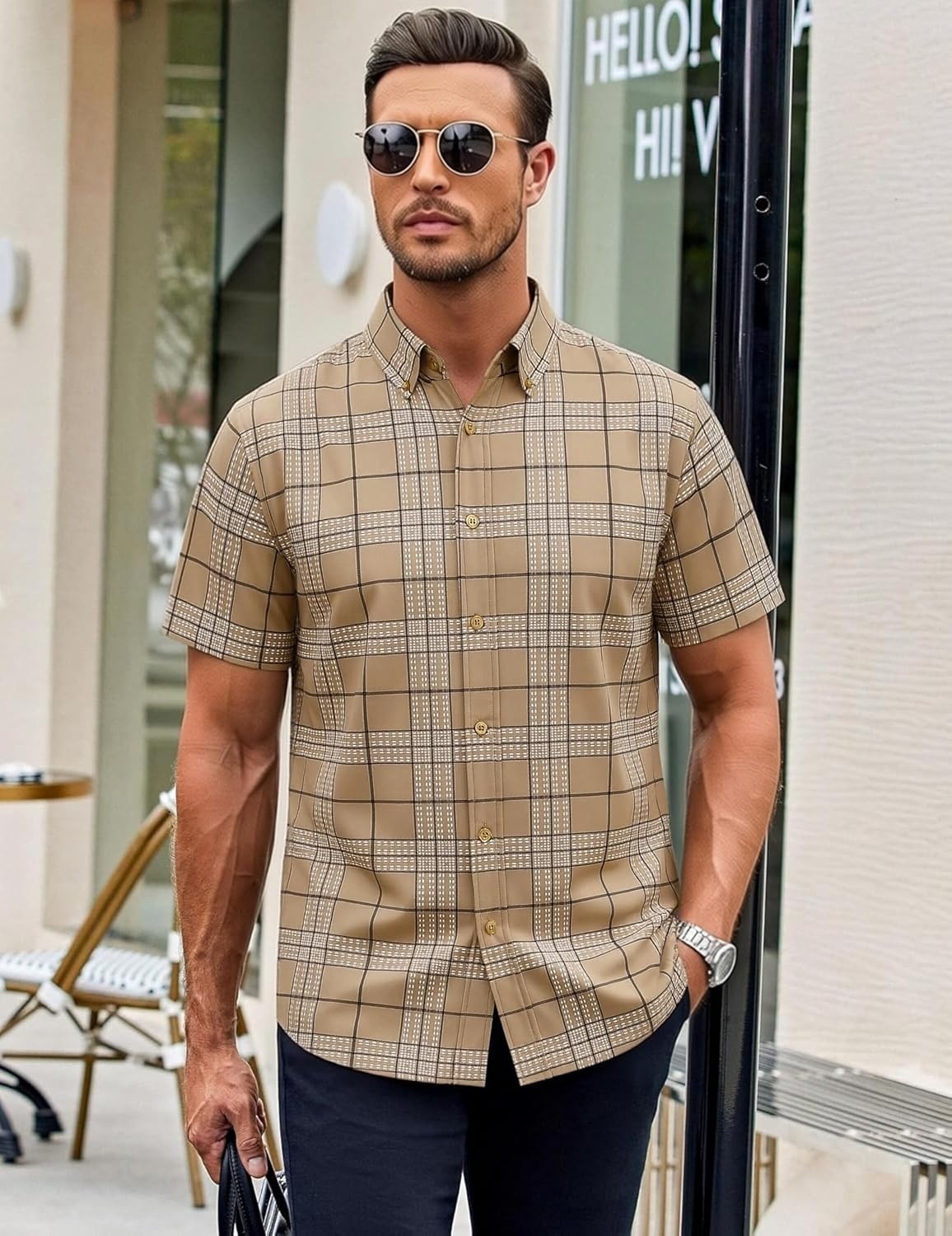 image:imageAlex Vando Mens Big Plaid Button Down Shirts Wrinkle Free 4Way Stretch Print Business Casual Shirt32 Khaki