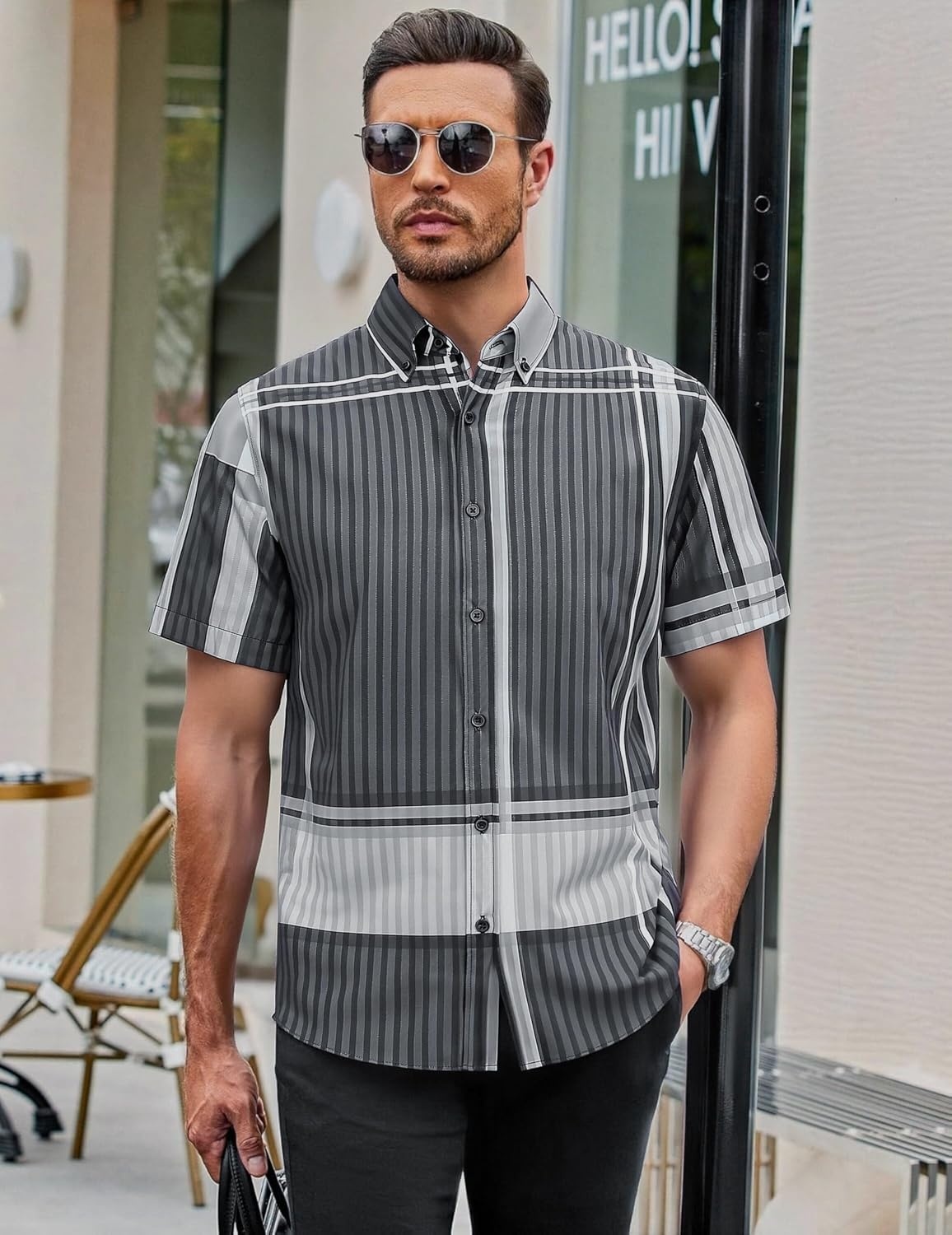 image:imageAlex Vando Mens Big Plaid Button Down Shirts Wrinkle Free 4Way Stretch Print Business Casual Shirt40 BlackGrey