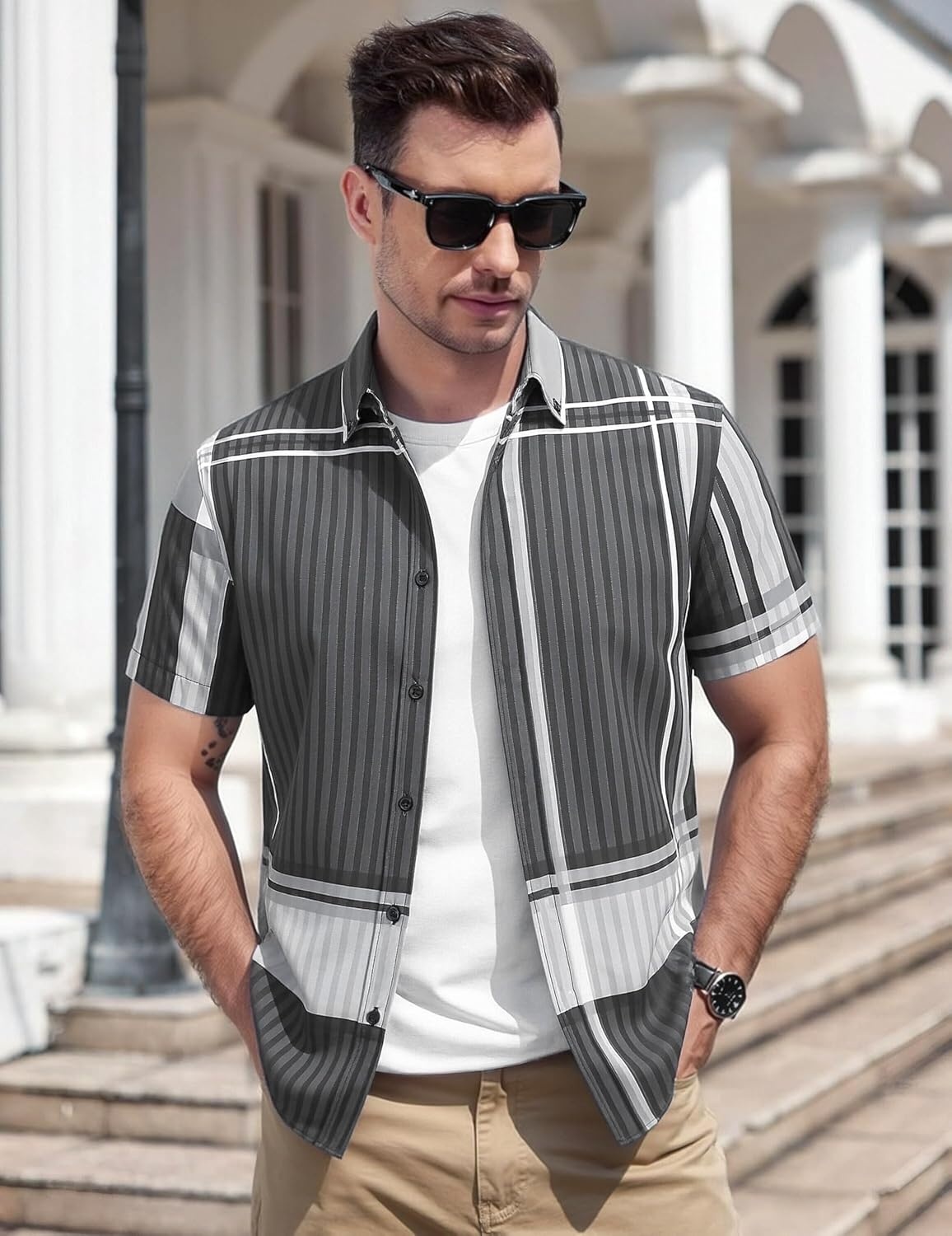 image:imageAlex Vando Mens Big Plaid Button Down Shirts Wrinkle Free 4Way Stretch Print Business Casual Shirt40 BlackGrey