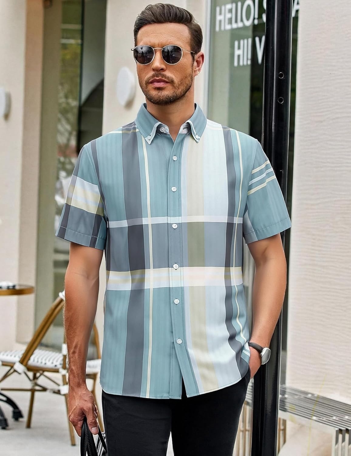 image:imageAlex Vando Mens Big Plaid Button Down Shirts Wrinkle Free 4Way Stretch Print Business Casual Shirt40 BlueGrey