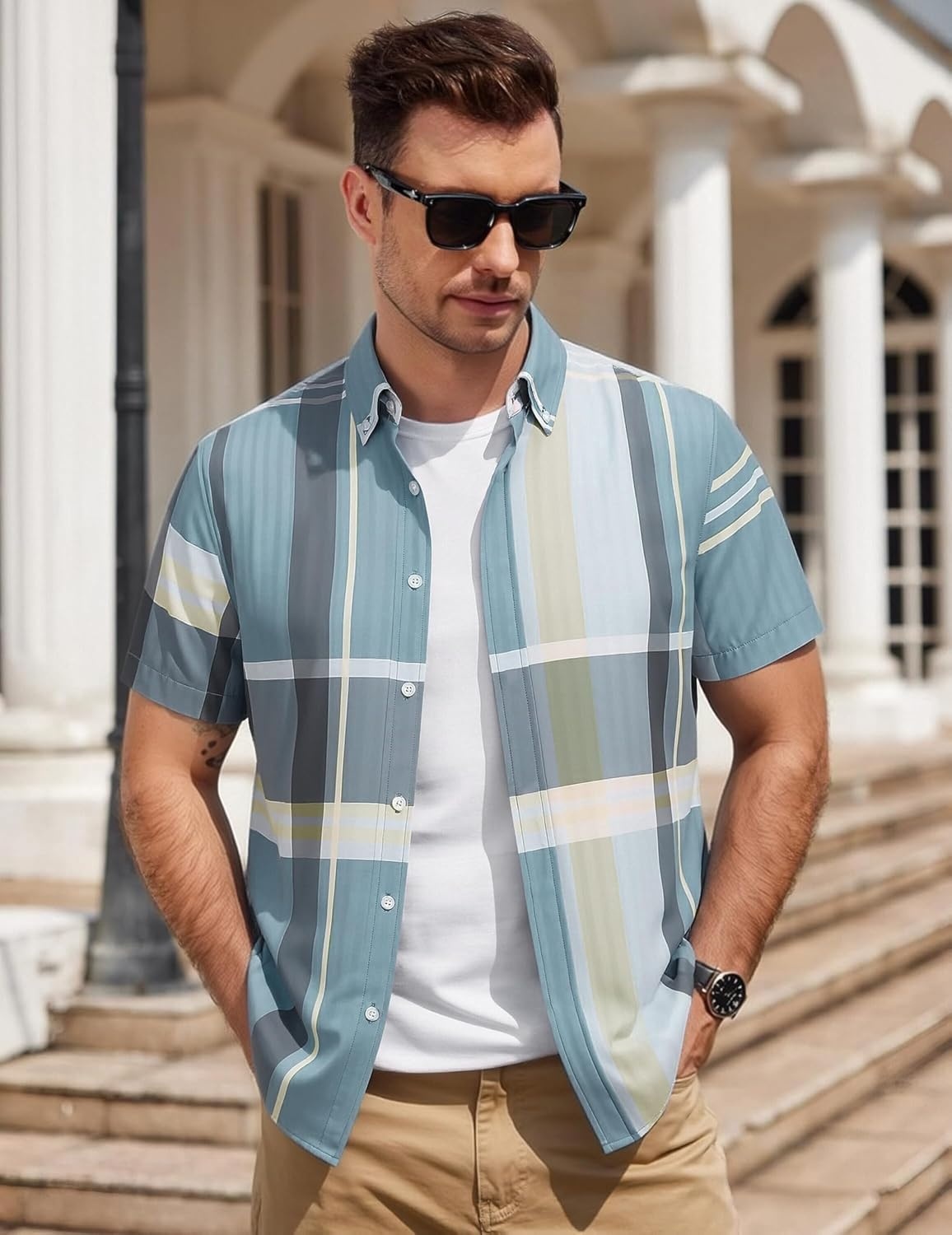 image:imageAlex Vando Mens Big Plaid Button Down Shirts Wrinkle Free 4Way Stretch Print Business Casual Shirt40 BlueGrey