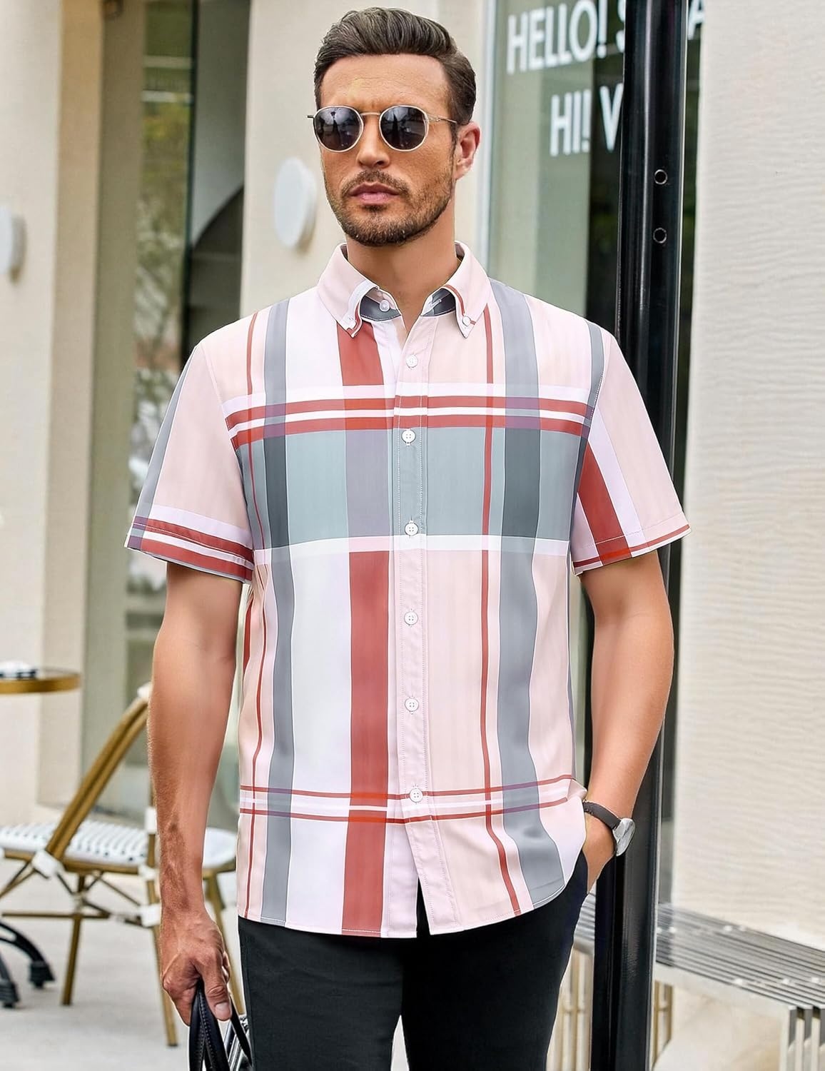 image:imageAlex Vando Mens Big Plaid Button Down Shirts Wrinkle Free 4Way Stretch Print Business Casual Shirt40 RedGrey