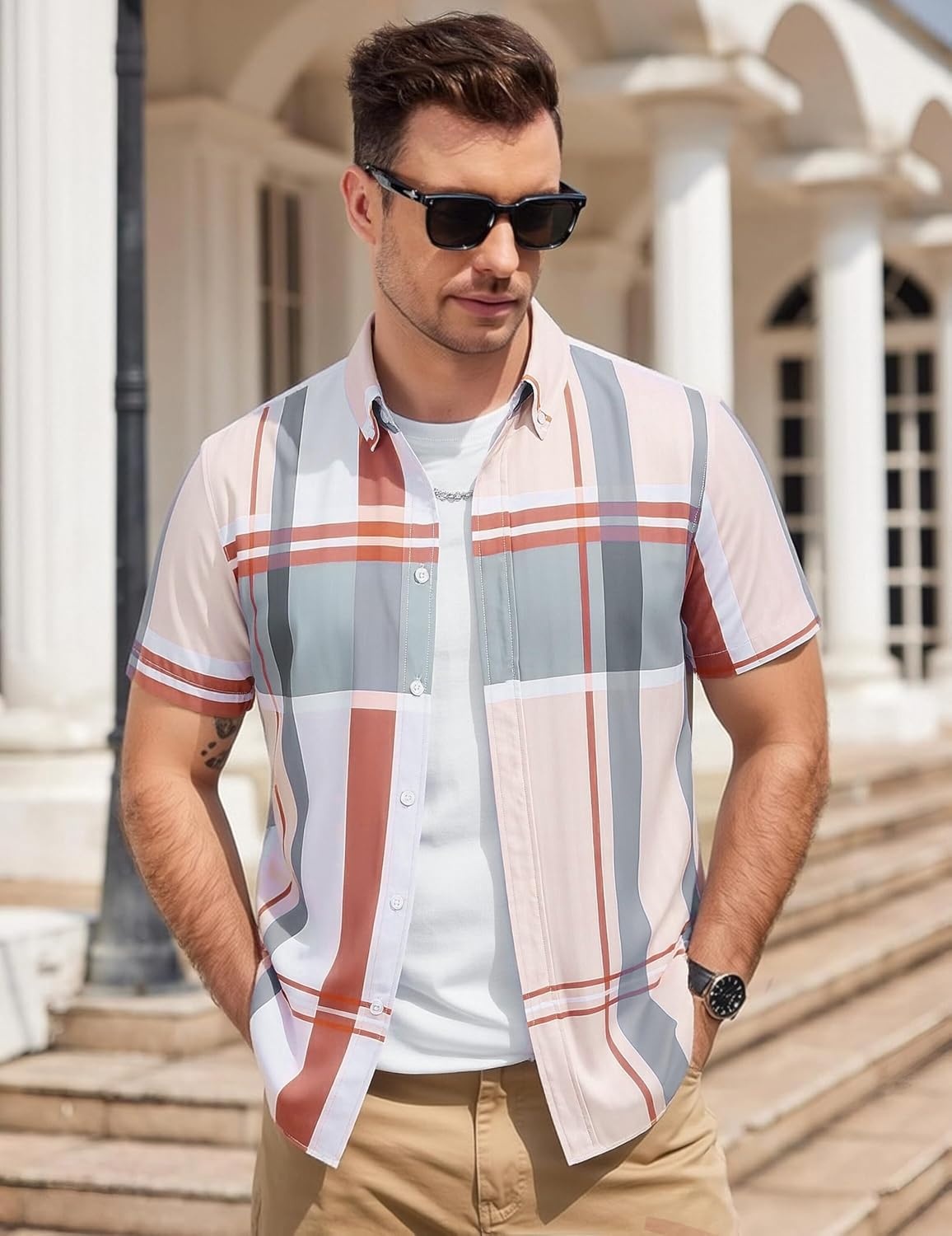 image:imageAlex Vando Mens Big Plaid Button Down Shirts Wrinkle Free 4Way Stretch Print Business Casual Shirt40 RedGrey