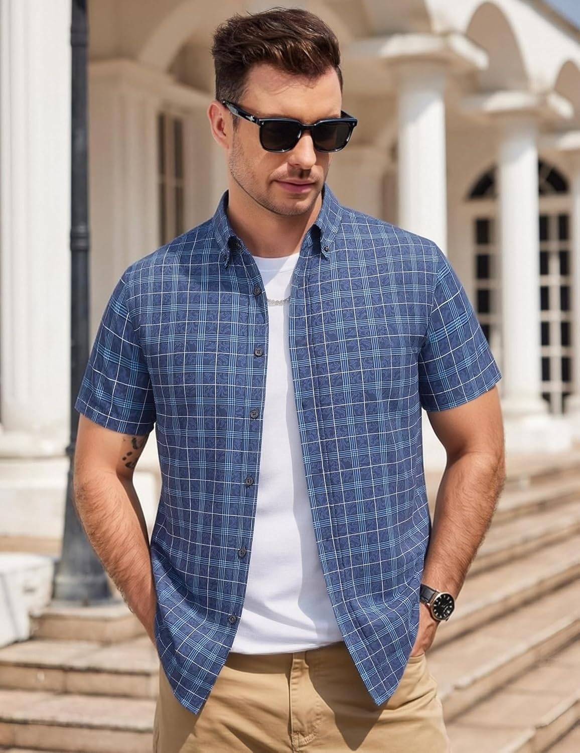 image:imageAlex Vando Mens Big Plaid Button Down Shirts Wrinkle Free 4Way Stretch Print Business Casual Shirt68 Navy With Print