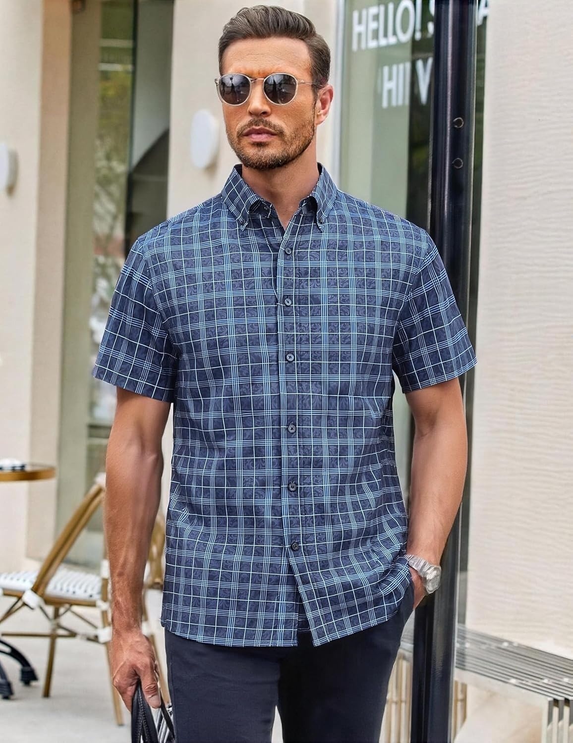 image:imageAlex Vando Mens Big Plaid Button Down Shirts Wrinkle Free 4Way Stretch Print Business Casual Shirt68 Navy With Print