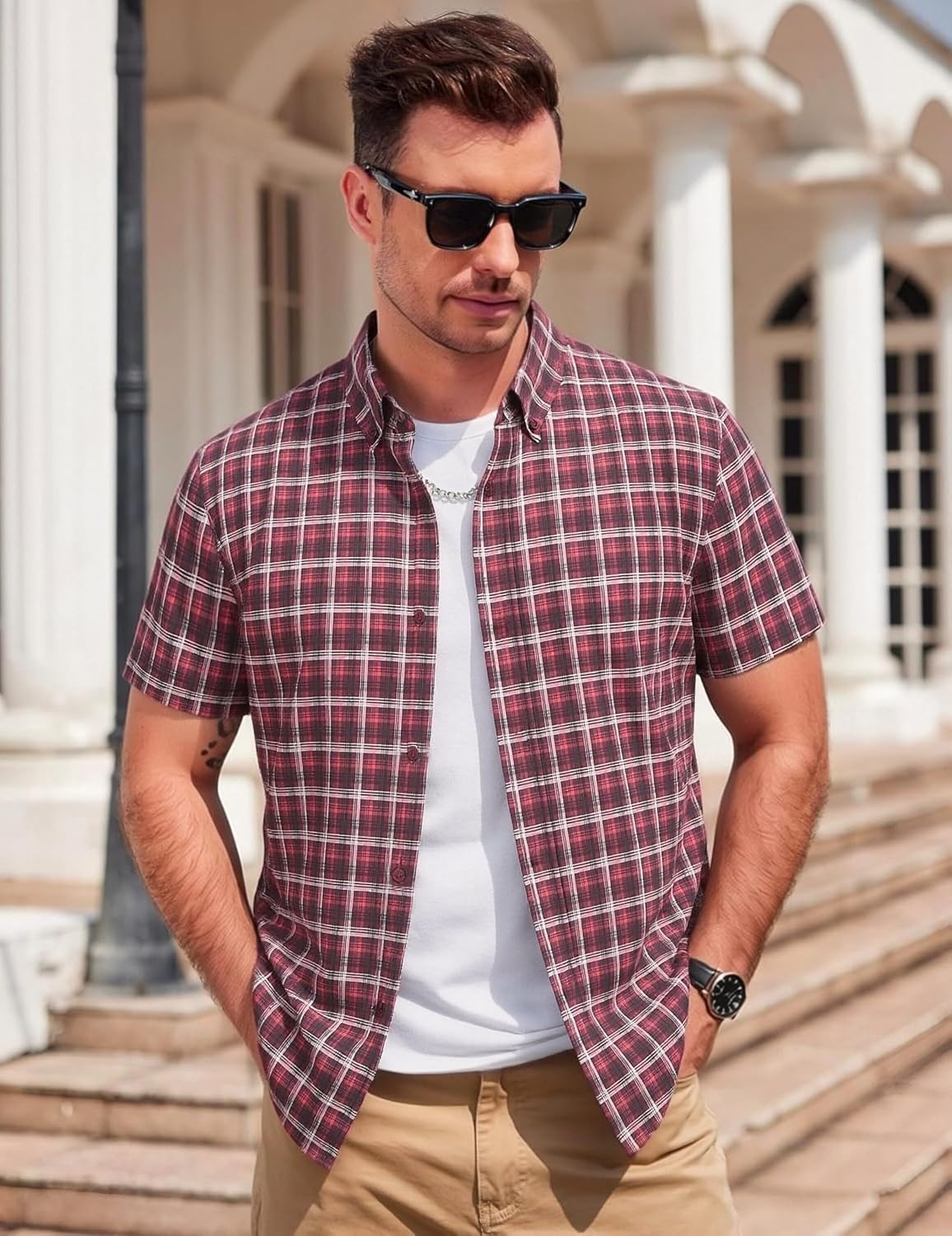 image:imageAlex Vando Mens Big Plaid Button Down Shirts Wrinkle Free 4Way Stretch Print Business Casual Shirt93 Red Black
