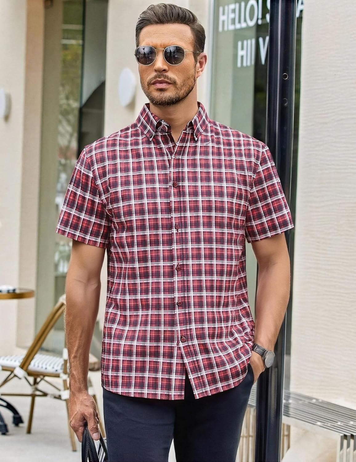 image:imageAlex Vando Mens Big Plaid Button Down Shirts Wrinkle Free 4Way Stretch Print Business Casual Shirt93 Red Black