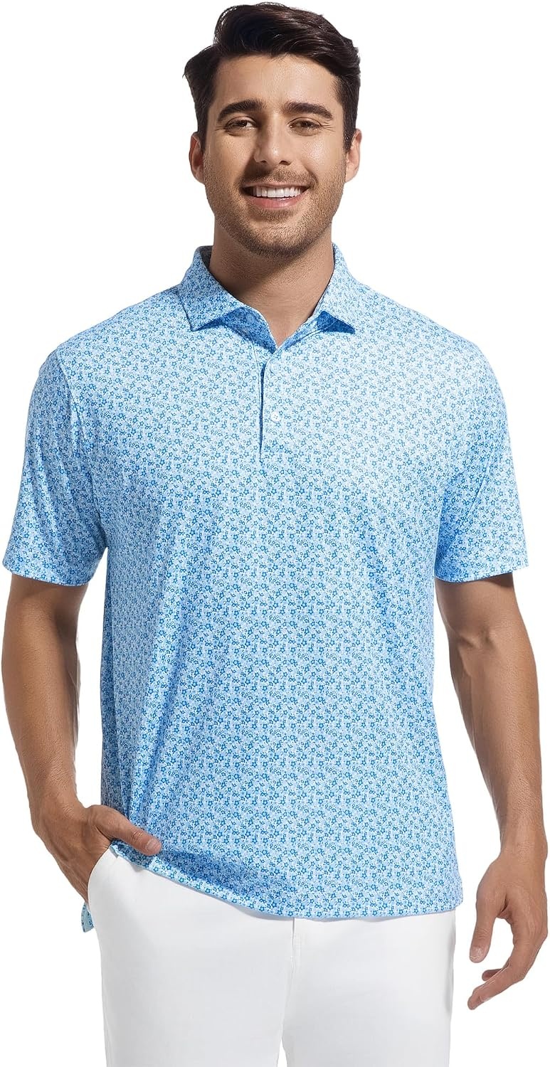image:imageAlex Vando Mens Golf Shirt Moisture Wicking Classic Print Golf Shirts Shape amp color retainingLow maintenanceMultiscene active apparelBlue Flower