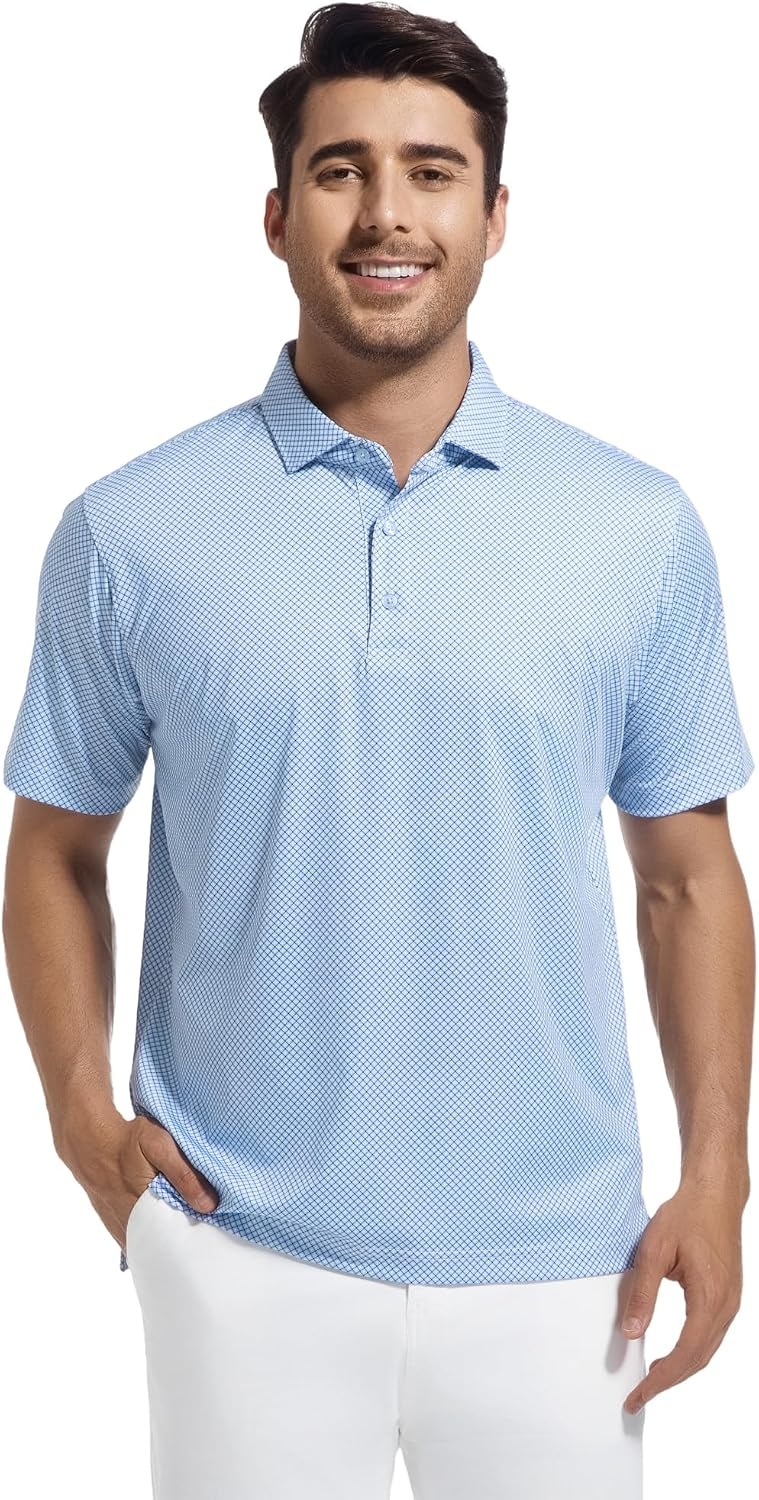 image:imageAlex Vando Mens Golf Shirt Moisture Wicking Classic Print Golf Shirts Shape amp color retainingLow maintenanceMultiscene active apparelBlue Square