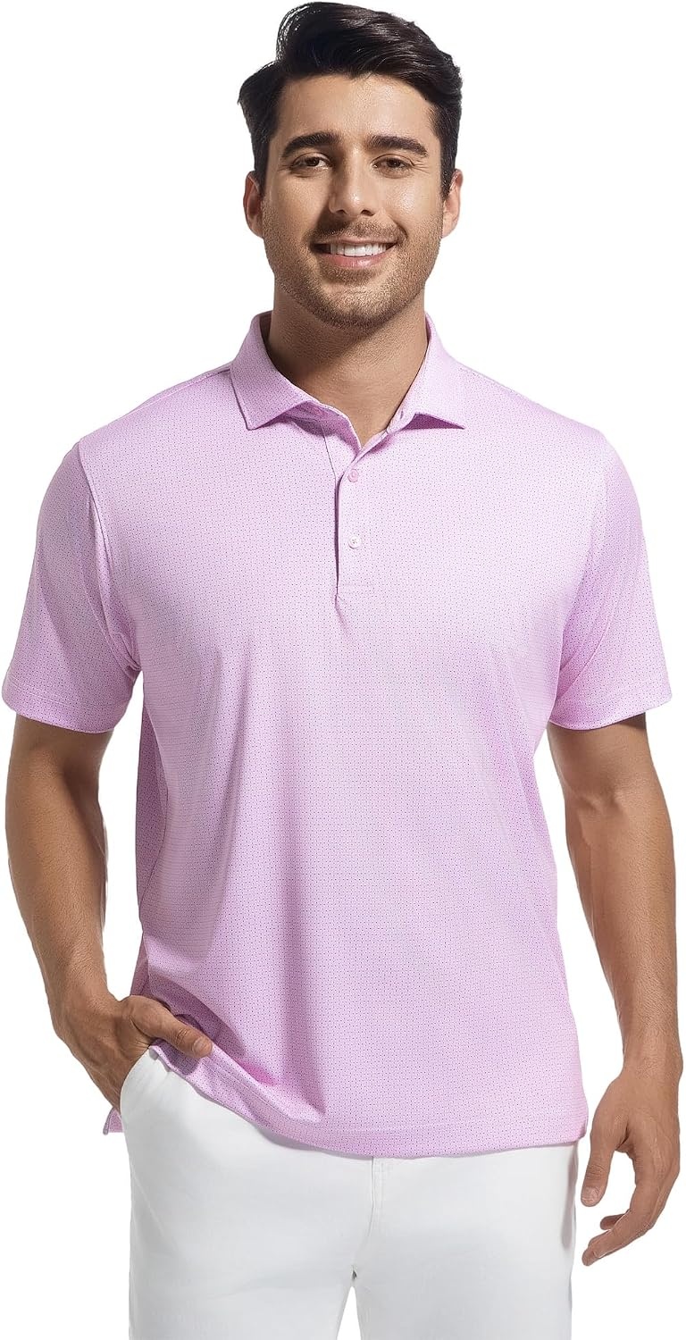 image:imageAlex Vando Mens Golf Shirt Moisture Wicking Classic Print Golf Shirts Shape amp color retainingLow maintenanceMultiscene active apparelPink Dots