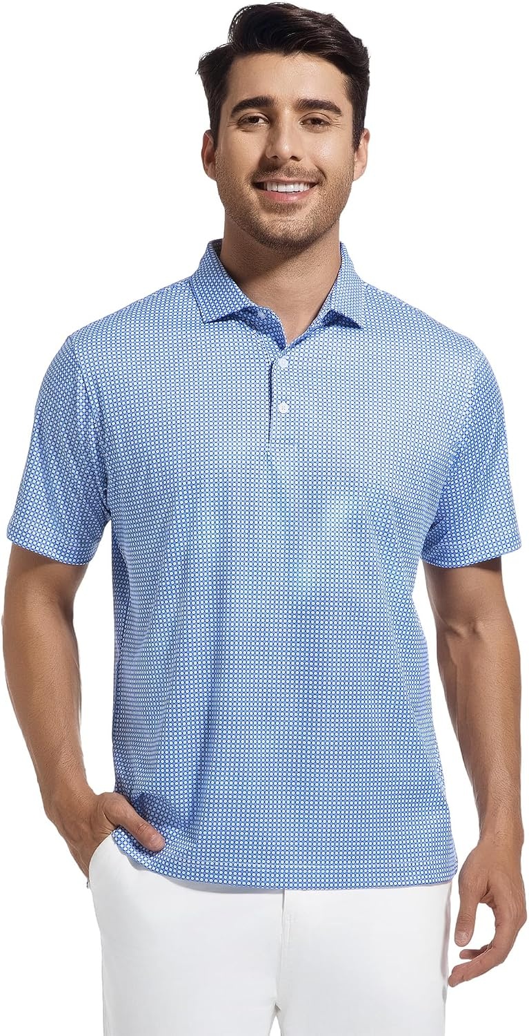 image:imageAlex Vando Mens Golf Shirt Moisture Wicking Classic Print Golf Shirts Shape amp color retainingLow maintenanceMultiscene active apparelWhite Blue Square