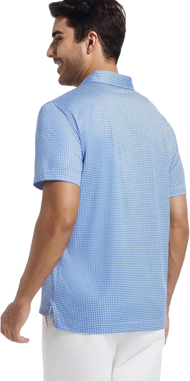 image:imageAlex Vando Mens Golf Shirt Moisture Wicking Classic Print Golf Shirts Shape amp color retainingLow maintenanceMultiscene active apparelWhite Blue Square