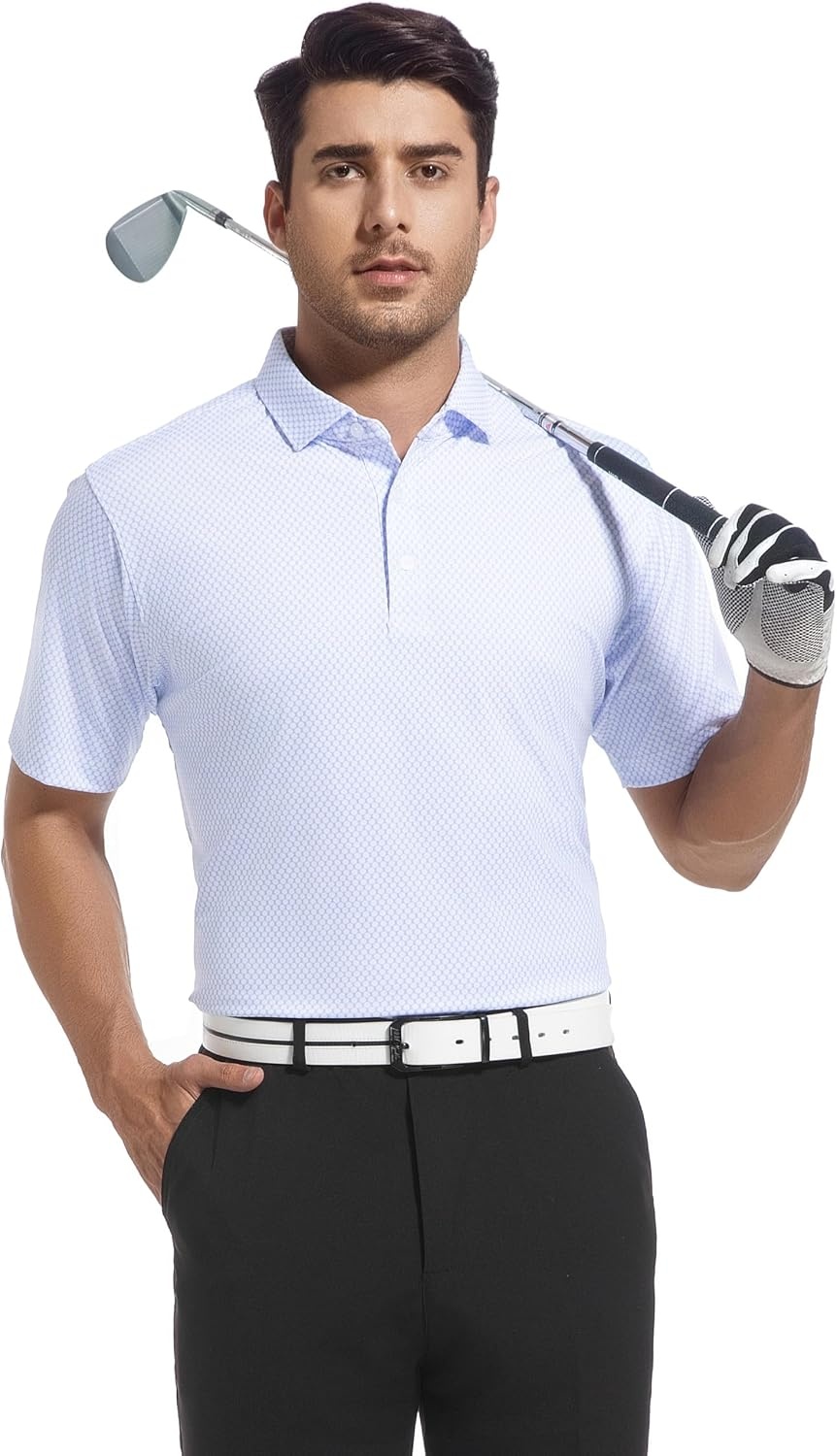 image:imageAlex Vando Mens Golf Shirt Moisture Wicking Classic Print Golf Shirts Shape amp color retainingLow maintenanceMultiscene active apparelWhite Circle