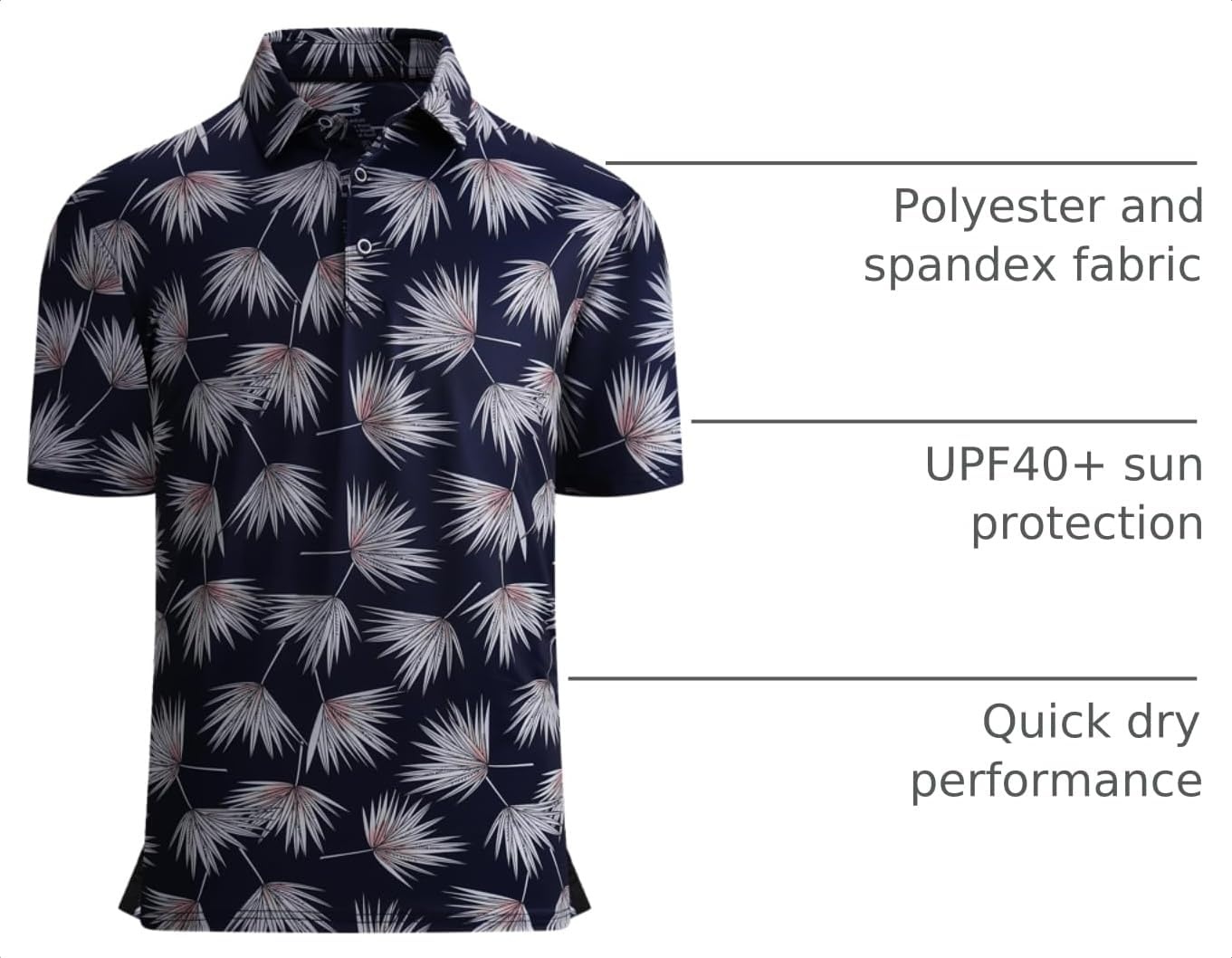 image:imageAlex Vando Mens Golf Shirt Moisture Wicking Print Performance Polo Shirt UPF40 UV shielding Lightweight Contrast collar piping Fullbody patterns Machine washable Multisport topWhite Palm Leaves