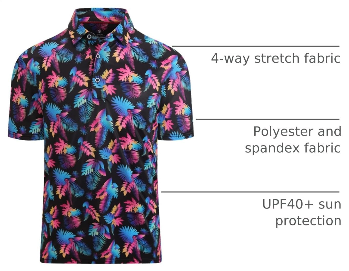 image:imageAlex Vando Mens Golf Shirt Moisture Wicking Print Performance Polo Shirt UPF40 UV shielding Lightweight Contrast collar piping Fullbody patterns Machine washable Multisport topBlack Leaf