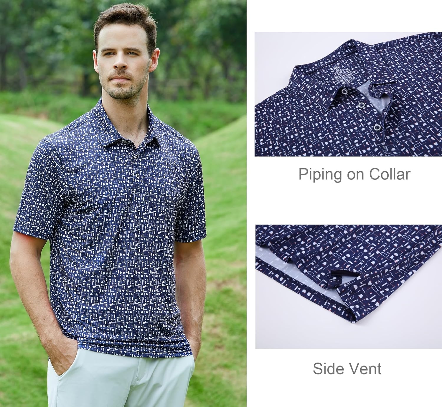 image:imageAlex Vando Mens Golf Shirt Moisture Wicking Print Performance Polo Shirt UPF40 UV shielding Lightweight Contrast collar piping Fullbody patterns Machine washable Multisport topNavy Golf Element