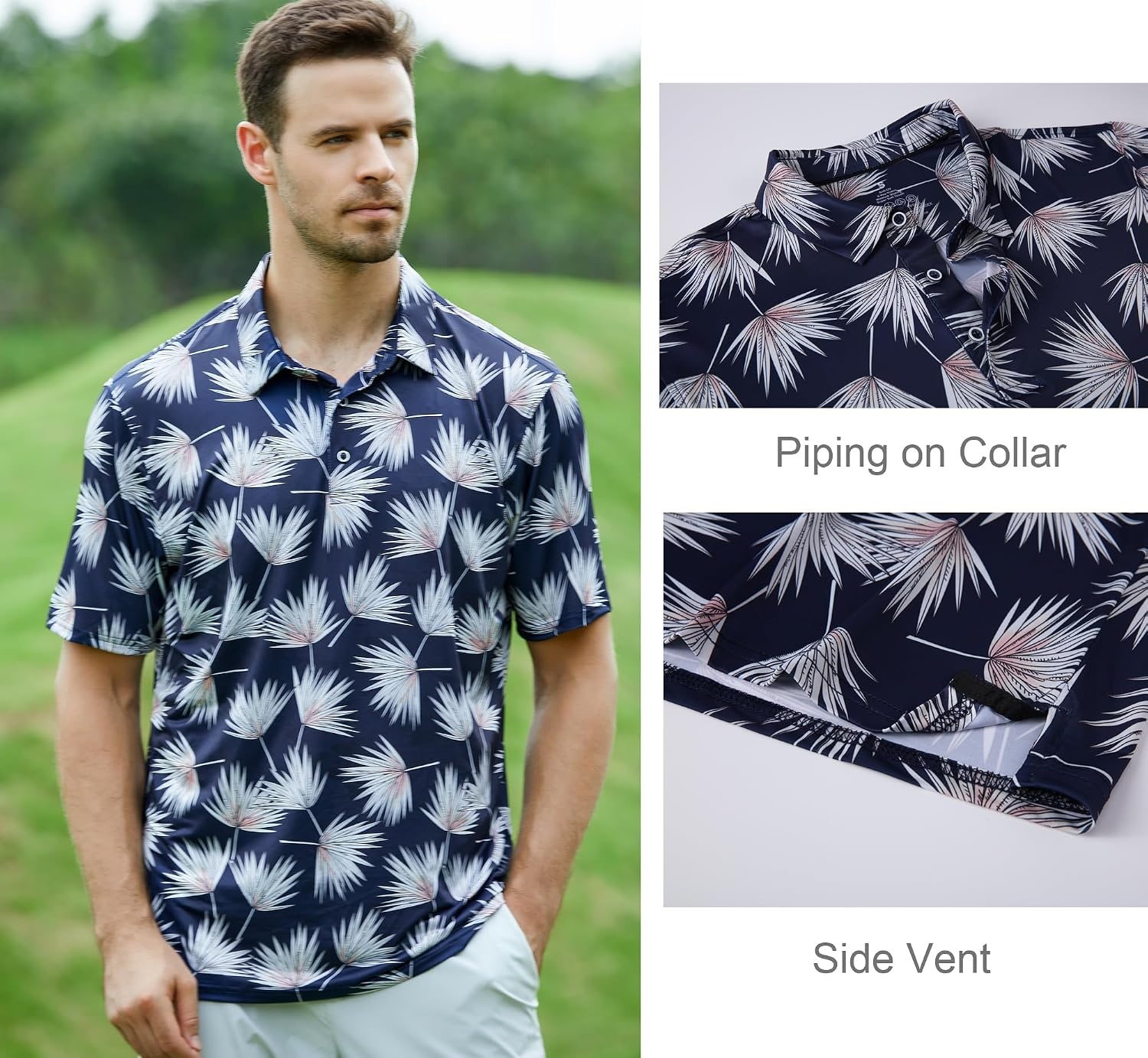 image:imageAlex Vando Mens Golf Shirt Moisture Wicking Print Performance Polo Shirt UPF40 UV shielding Lightweight Contrast collar piping Fullbody patterns Machine washable Multisport topWhite Palm Leaves