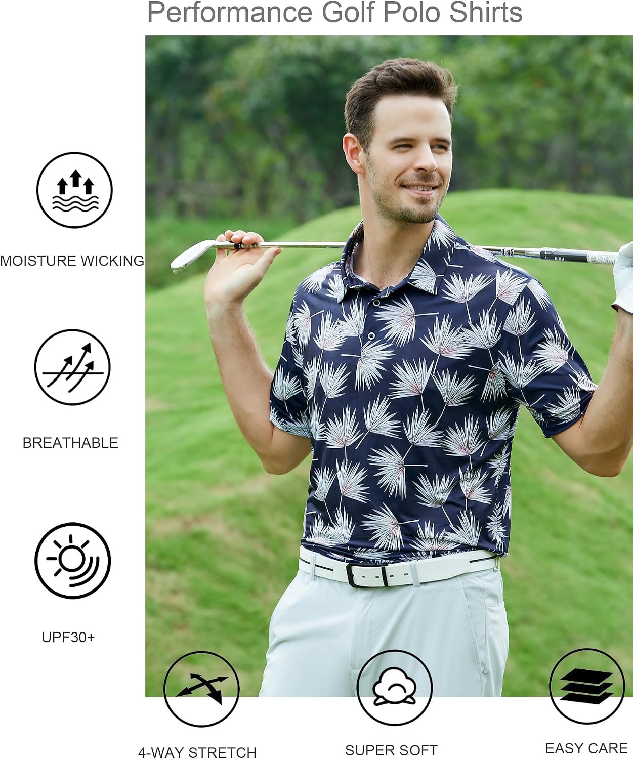 image:imageAlex Vando Mens Golf Shirt Moisture Wicking Print Performance Polo Shirt UPF40 UV shielding Lightweight Contrast collar piping Fullbody patterns Machine washable Multisport topWhite Palm Leaves