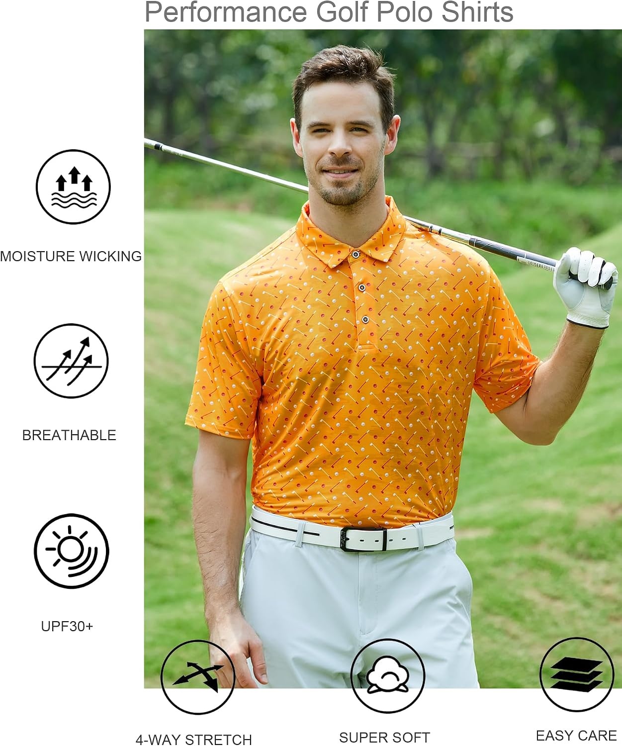 image:imageAlex Vando Mens Golf Shirt Moisture Wicking Print Performance Polo Shirt UPF40 UV shielding Lightweight Contrast collar piping Fullbody patterns Machine washable Multisport topYellow Golf Club