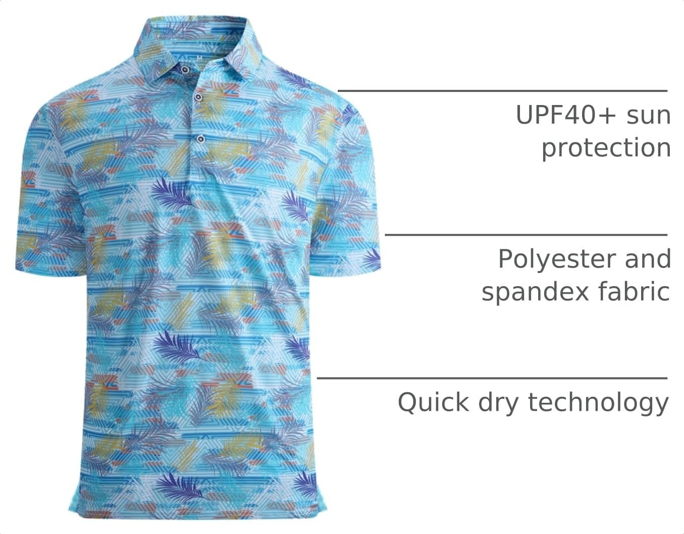 image:imageAlex Vando Mens Golf Shirt Moisture Wicking Print Performance Polo Shirt UPF40 UV shielding Lightweight Contrast collar piping Fullbody patterns Machine washable Multisport topBlue Leaf