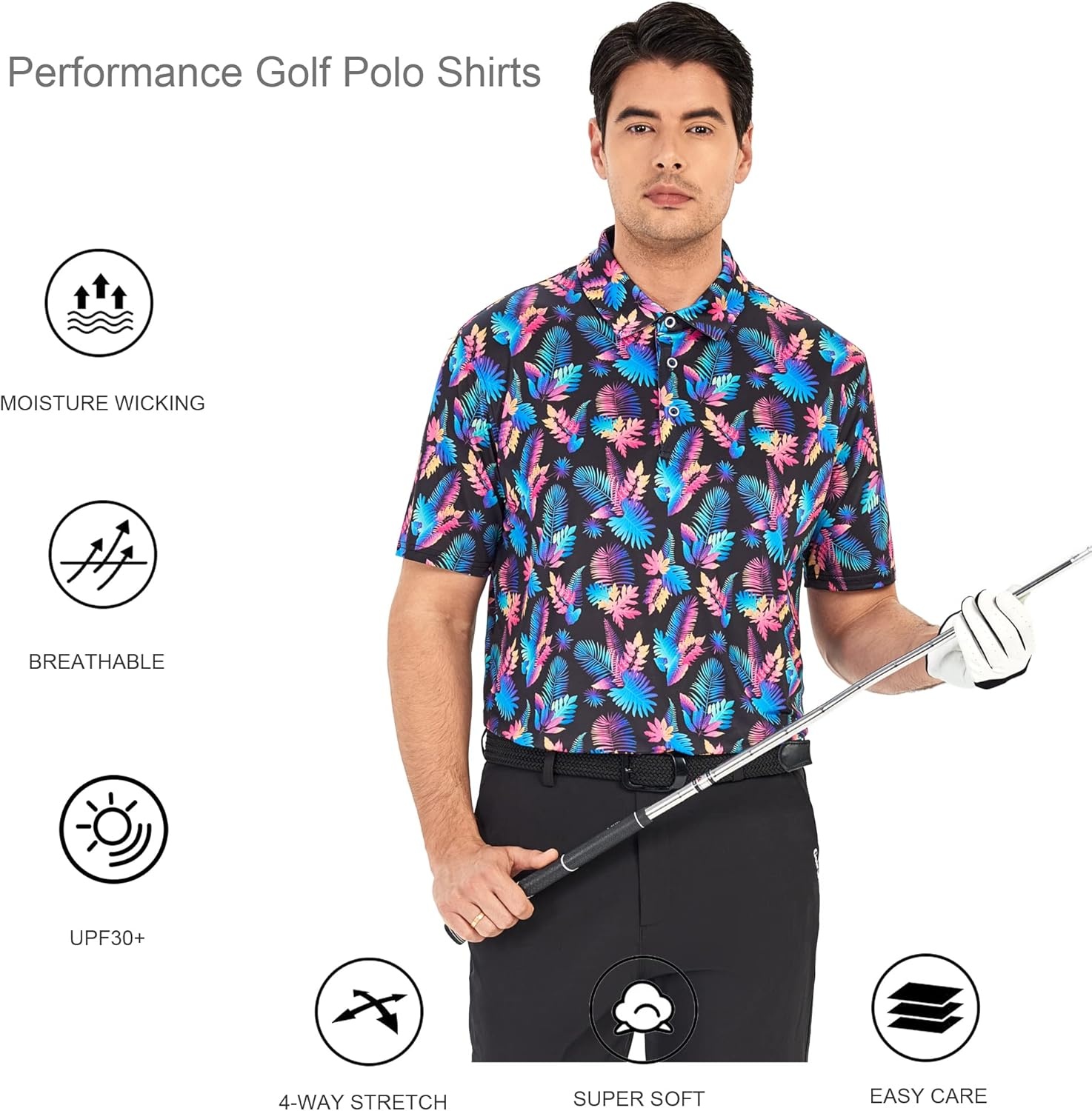 image:imageAlex Vando Mens Golf Shirt Moisture Wicking Print Performance Polo Shirt UPF40 UV shielding Lightweight Contrast collar piping Fullbody patterns Machine washable Multisport topBlack Leaf
