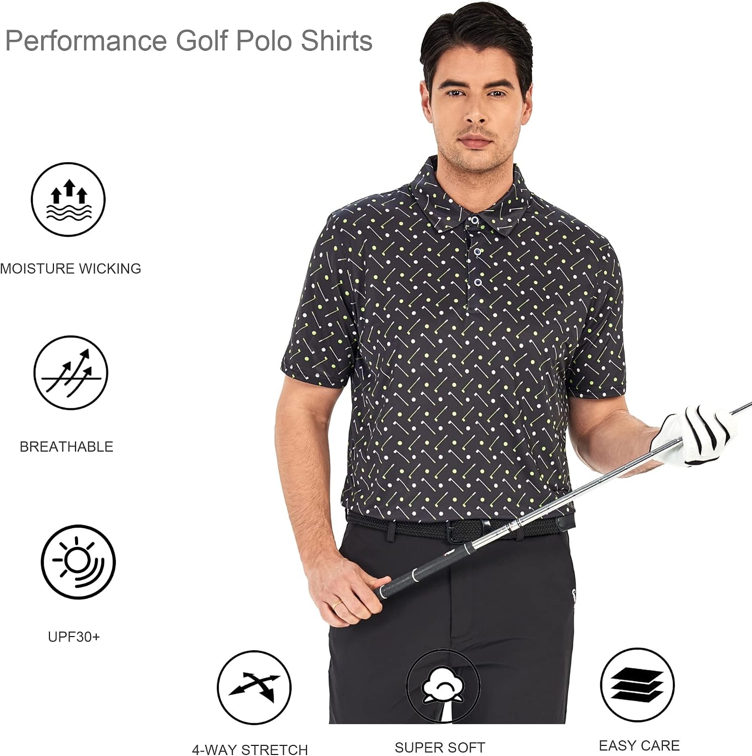 image:imageAlex Vando Mens Golf Shirt Moisture Wicking Print Performance Polo Shirt UPF40 UV shielding Lightweight Contrast collar piping Fullbody patterns Machine washable Multisport topBlack Golf