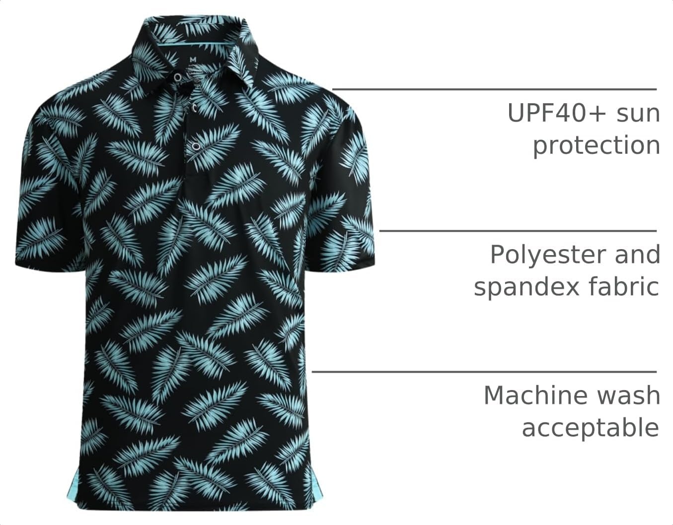 image:imageAlex Vando Mens Golf Shirt Moisture Wicking Print Performance Polo Shirt UPF40 UV shielding Lightweight Contrast collar piping Fullbody patterns Machine washable Multisport topBlack Palm Leaves