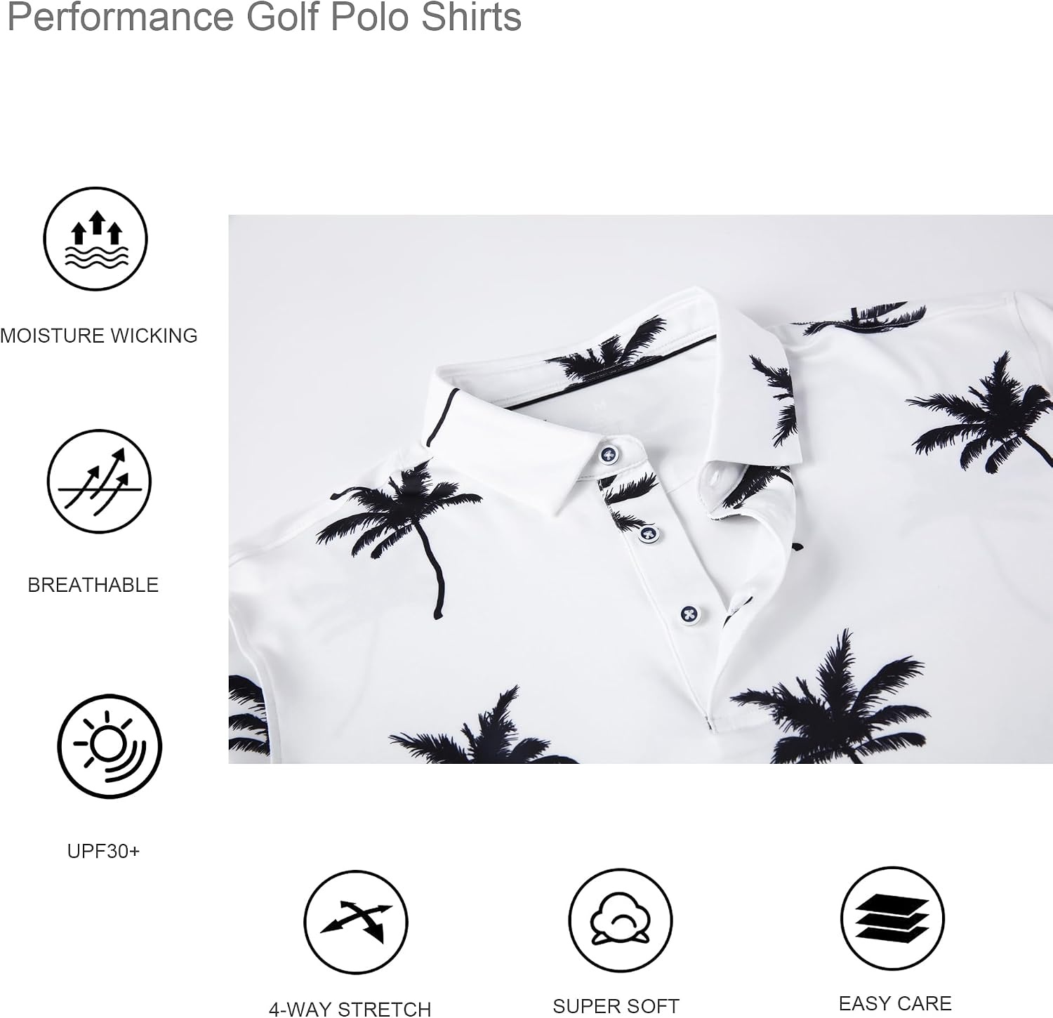 image:imageAlex Vando Mens Golf Shirt Moisture Wicking Print Performance Polo Shirt UPF40 UV shielding Lightweight Contrast collar piping Fullbody patterns Machine washable Multisport topWhite Palm Tree