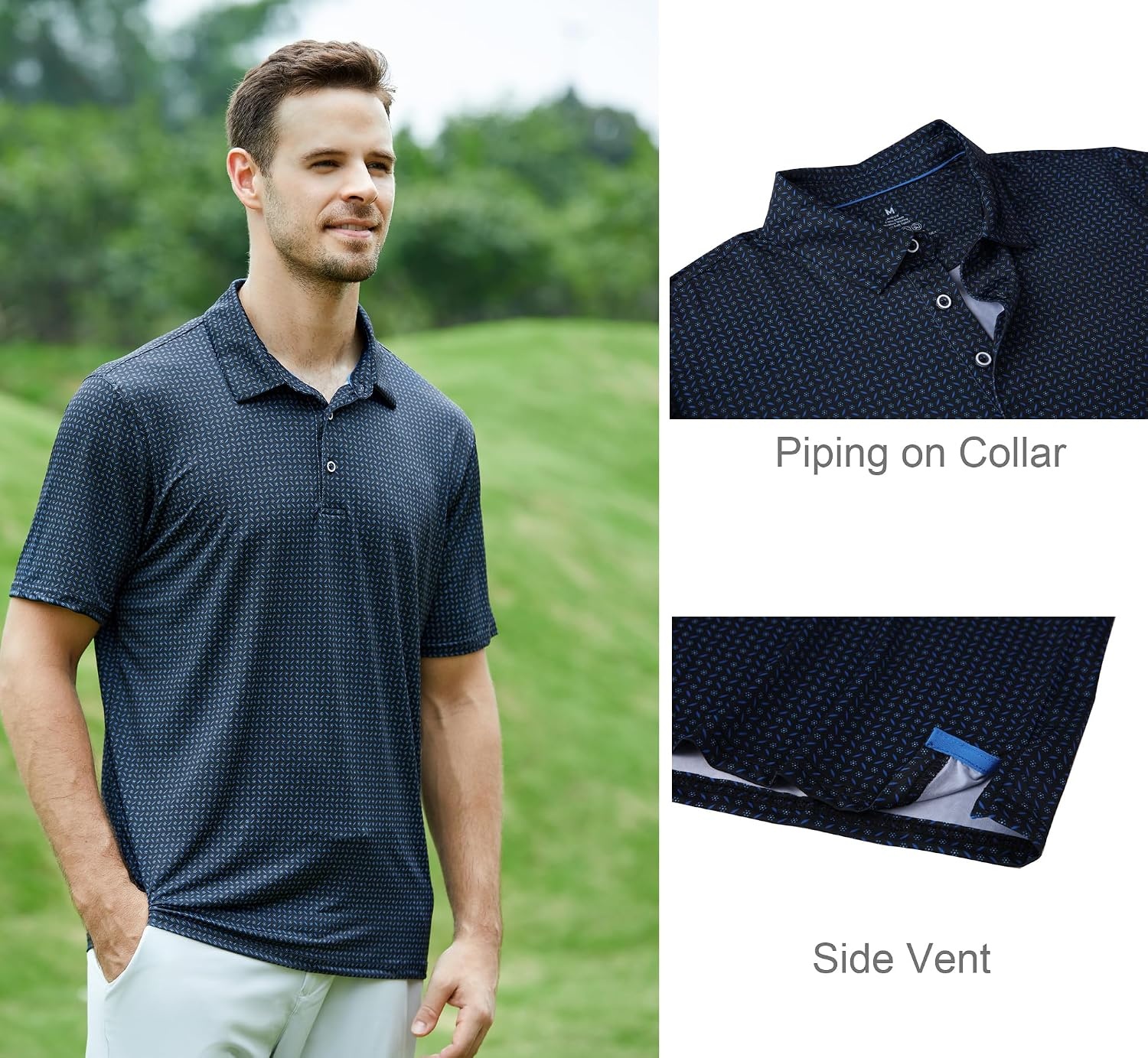 image:imageAlex Vando Mens Golf Shirt Moisture Wicking Print Performance Polo Shirt UPF40 UV shielding Lightweight Contrast collar piping Fullbody patterns Machine washable Multisport topBlack Dots