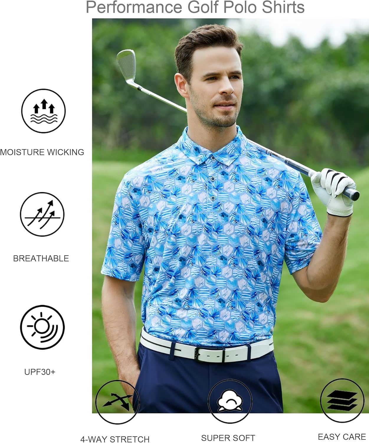 image:imageAlex Vando Mens Golf Shirt Moisture Wicking Print Performance Polo Shirt UPF40 UV shielding Lightweight Contrast collar piping Fullbody patterns Machine washable Multisport topGrey Hexagon