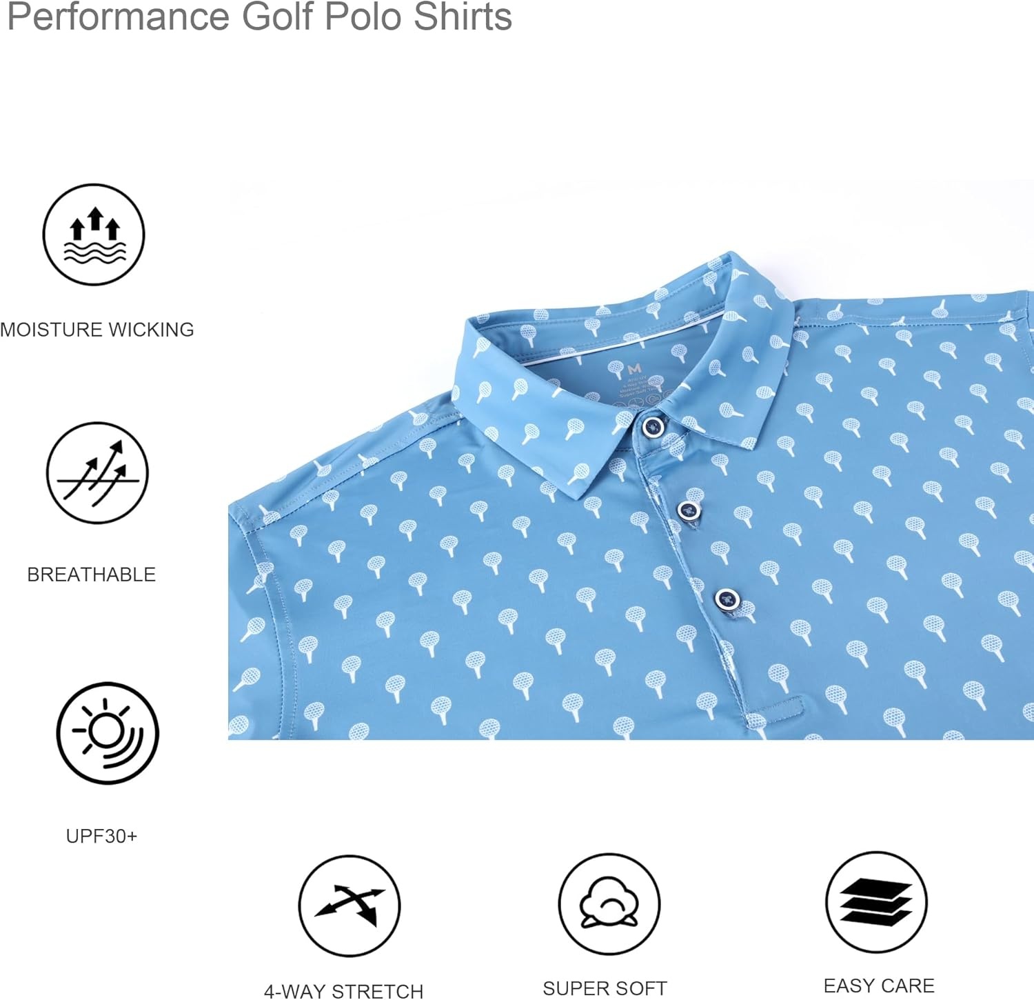 image:imageAlex Vando Mens Golf Shirt Moisture Wicking Print Performance Polo Shirt UPF40 UV shielding Lightweight Contrast collar piping Fullbody patterns Machine washable Multisport topDusty Blue Ball