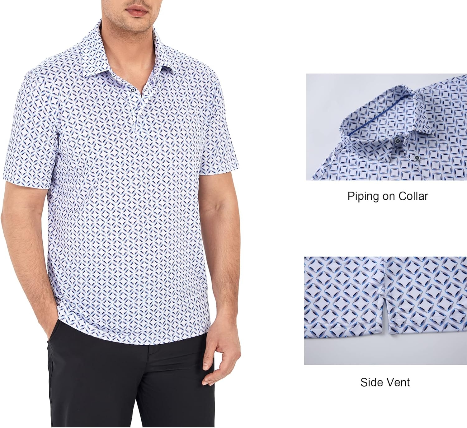 image:imageAlex Vando Mens Golf Shirt Moisture Wicking Print Performance Polo Shirt UPF40 UV shielding Lightweight Contrast collar piping Fullbody patterns Machine washable Multisport topBlue Square