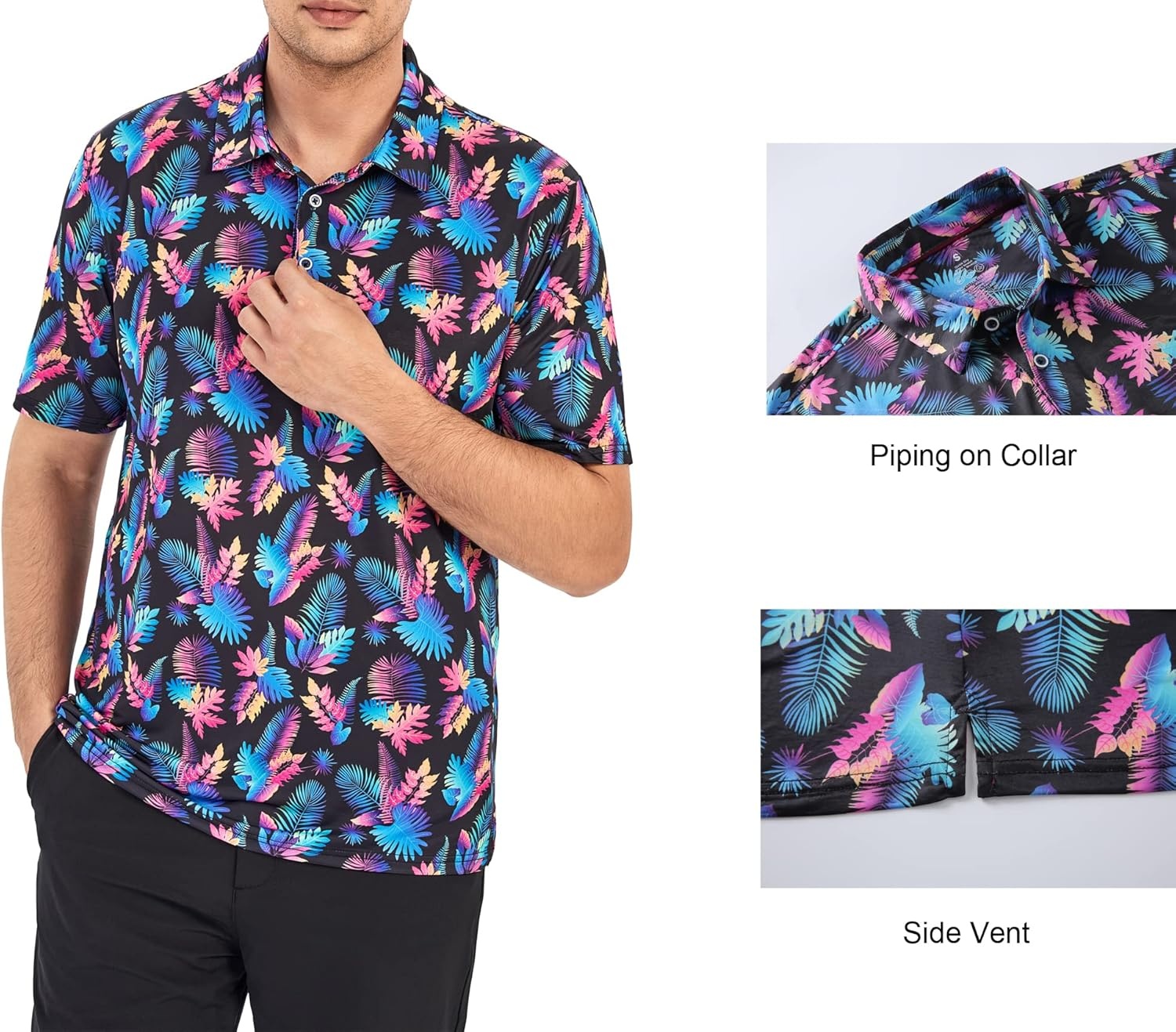 image:imageAlex Vando Mens Golf Shirt Moisture Wicking Print Performance Polo Shirt UPF40 UV shielding Lightweight Contrast collar piping Fullbody patterns Machine washable Multisport topBlack Leaf