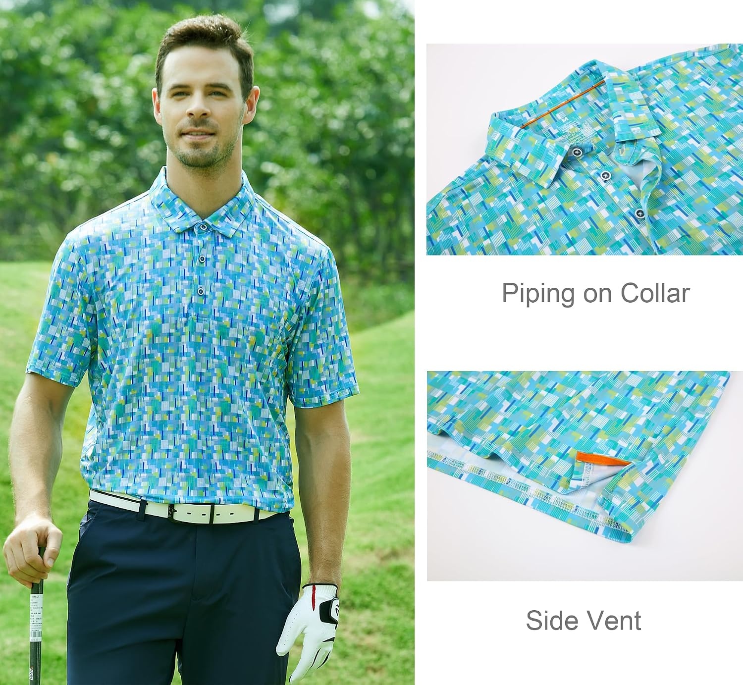 image:imageAlex Vando Mens Golf Shirt Moisture Wicking Print Performance Polo Shirt UPF40 UV shielding Lightweight Contrast collar piping Fullbody patterns Machine washable Multisport topGreen Impression