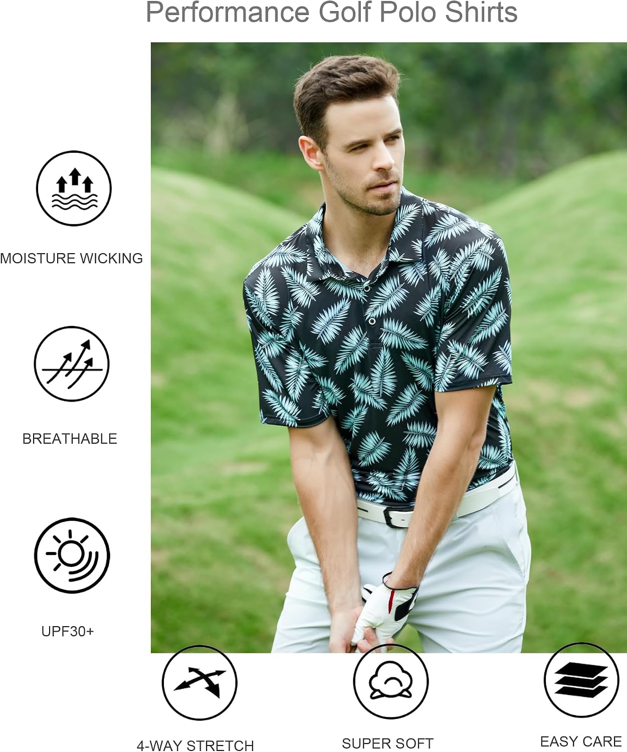 image:imageAlex Vando Mens Golf Shirt Moisture Wicking Print Performance Polo Shirt UPF40 UV shielding Lightweight Contrast collar piping Fullbody patterns Machine washable Multisport topBlack Palm Leaves