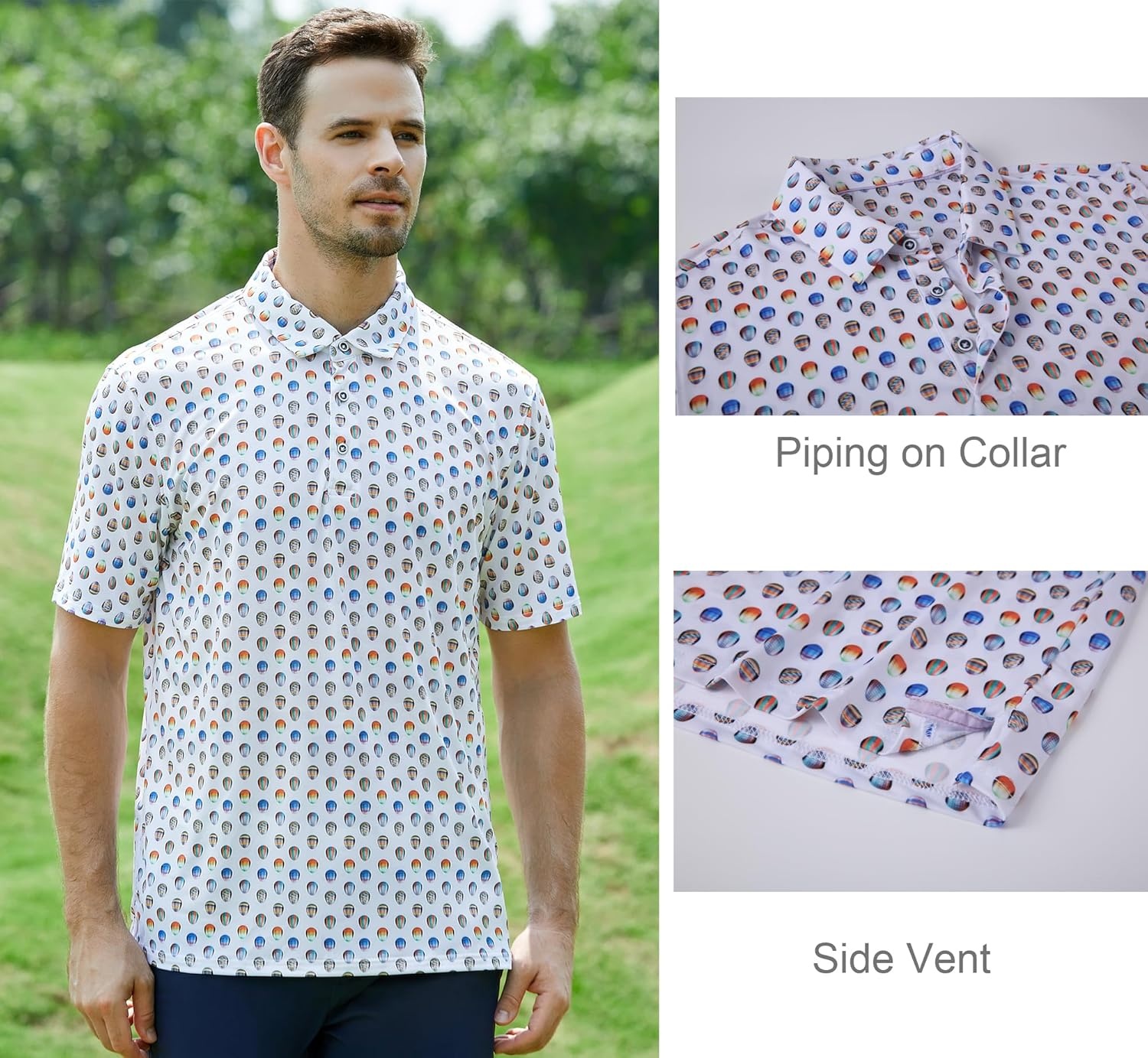 image:imageAlex Vando Mens Golf Shirt Moisture Wicking Print Performance Polo Shirt UPF40 UV shielding Lightweight Contrast collar piping Fullbody patterns Machine washable Multisport topMulticolor Ball