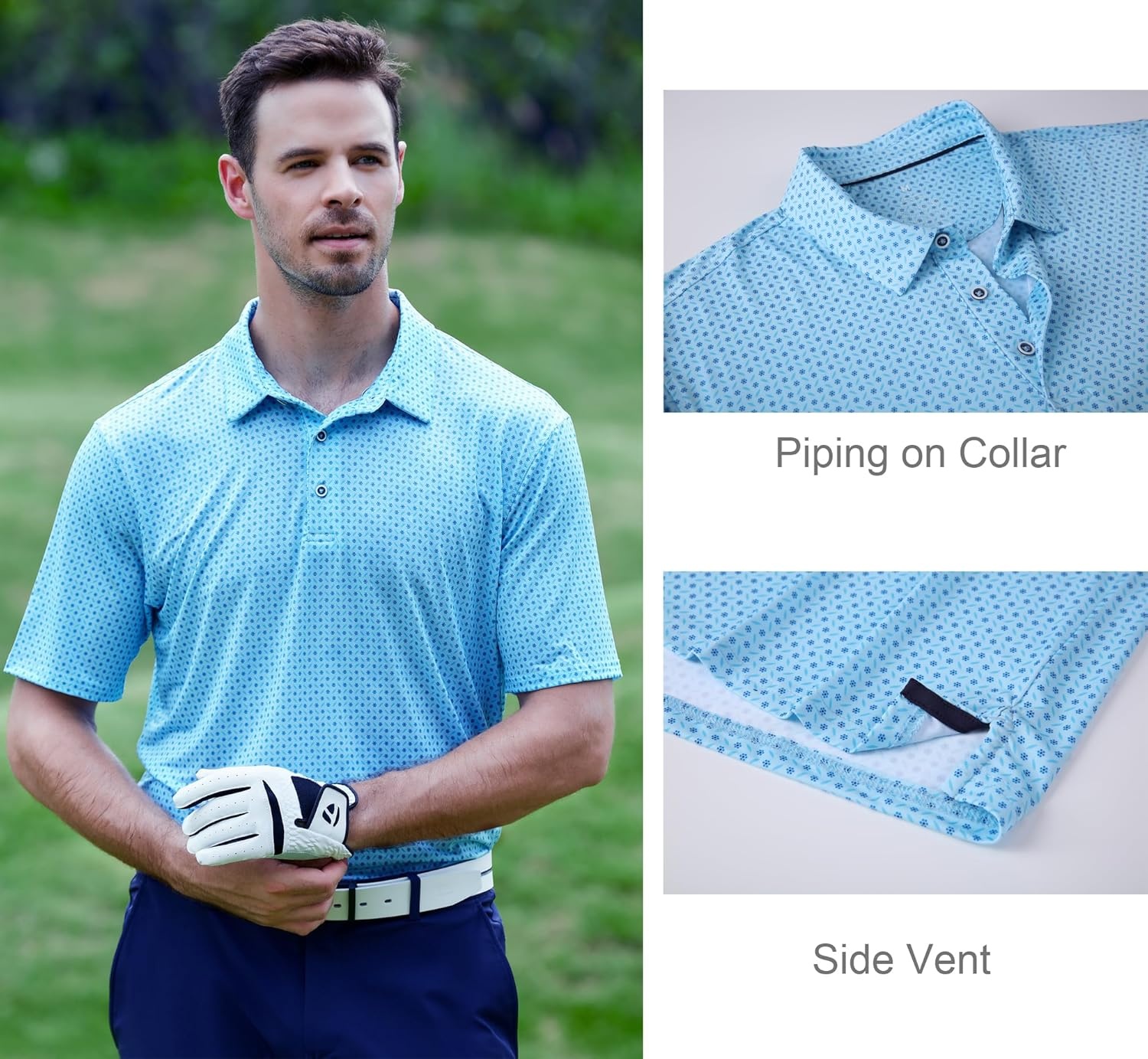 image:imageAlex Vando Mens Golf Shirt Moisture Wicking Print Performance Polo Shirt UPF40 UV shielding Lightweight Contrast collar piping Fullbody patterns Machine washable Multisport topBlue Dots