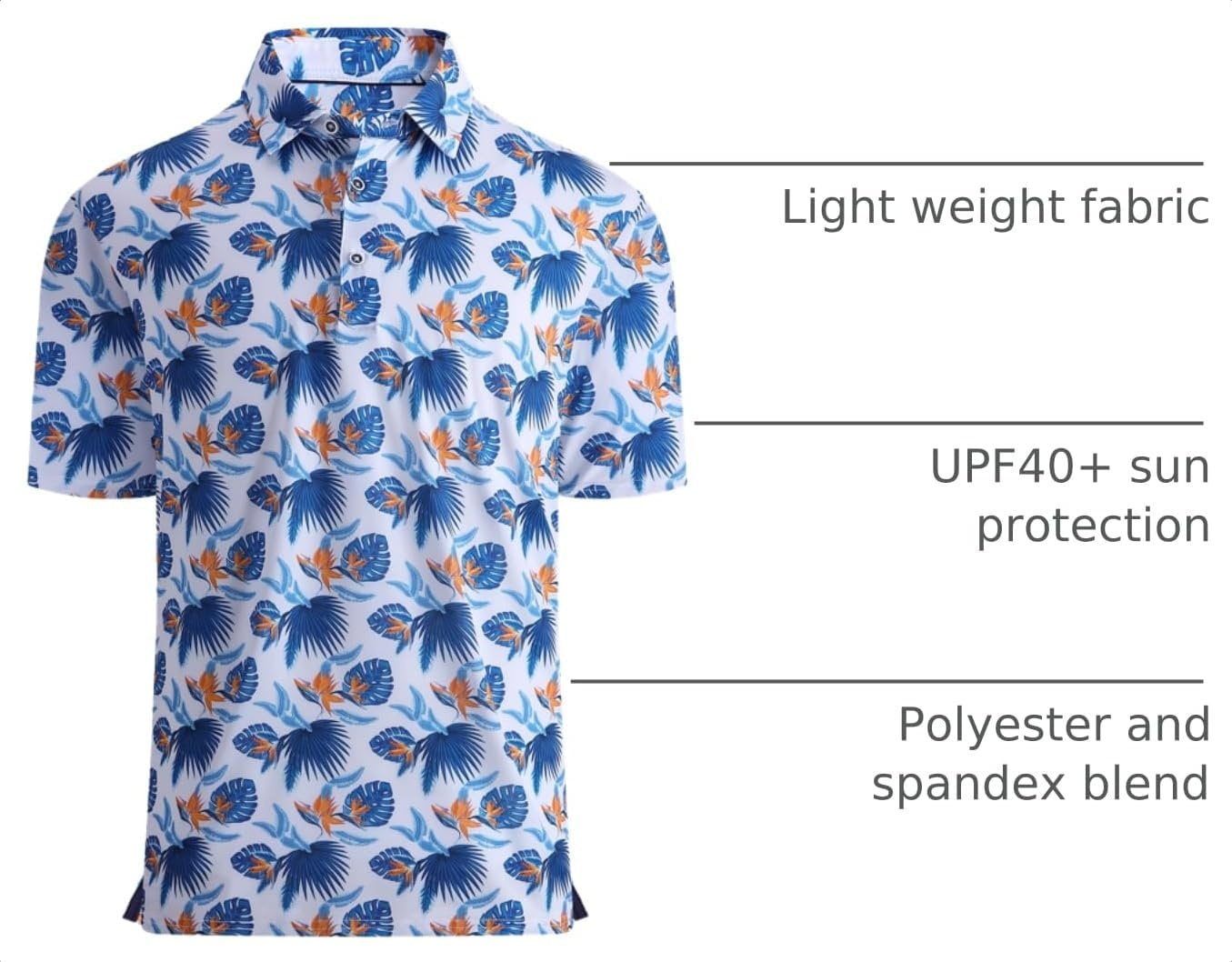 image:imageAlex Vando Mens Golf Shirt Moisture Wicking Print Performance Polo Shirt UPF40 UV shielding Lightweight Contrast collar piping Fullbody patterns Machine washable Multisport topRoyal Leaf