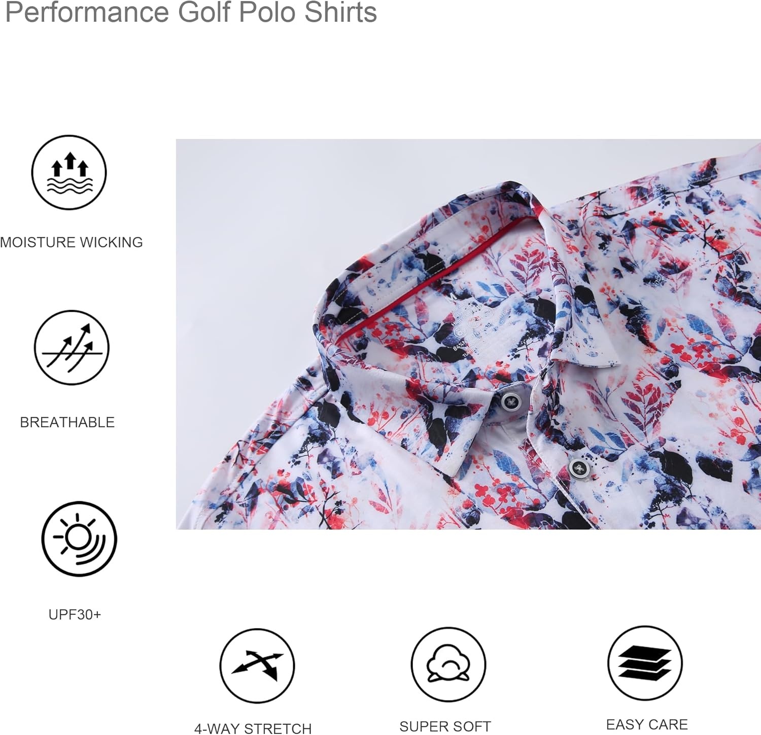 image:imageAlex Vando Mens Golf Shirt Moisture Wicking Print Performance Polo Shirt UPF40 UV shielding Lightweight Contrast collar piping Fullbody patterns Machine washable Multisport topRed Navy Leaf