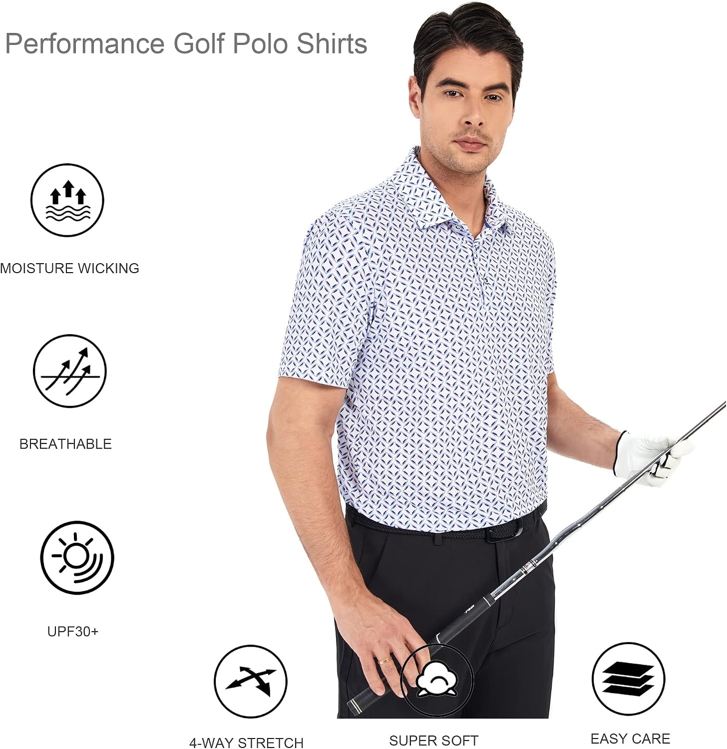 image:imageAlex Vando Mens Golf Shirt Moisture Wicking Print Performance Polo Shirt UPF40 UV shielding Lightweight Contrast collar piping Fullbody patterns Machine washable Multisport topBlue Square