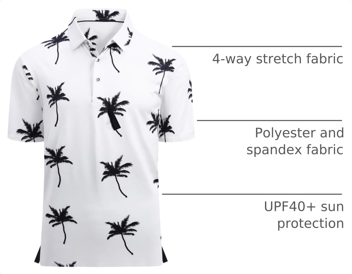image:imageAlex Vando Mens Golf Shirt Moisture Wicking Print Performance Polo Shirt UPF40 UV shielding Lightweight Contrast collar piping Fullbody patterns Machine washable Multisport topWhite Palm Tree