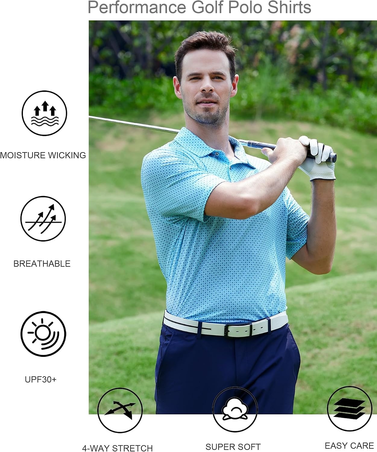 image:imageAlex Vando Mens Golf Shirt Moisture Wicking Print Performance Polo Shirt UPF40 UV shielding Lightweight Contrast collar piping Fullbody patterns Machine washable Multisport topBlue Dots
