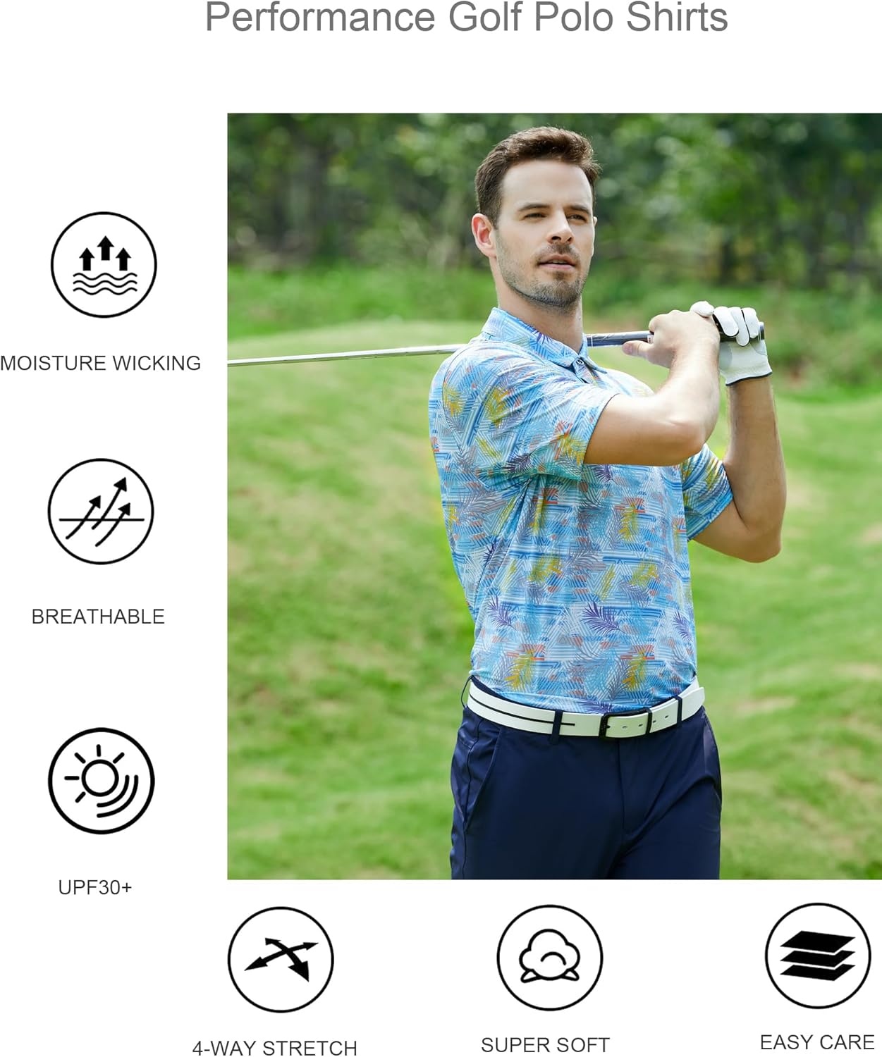 image:imageAlex Vando Mens Golf Shirt Moisture Wicking Print Performance Polo Shirt UPF40 UV shielding Lightweight Contrast collar piping Fullbody patterns Machine washable Multisport topBlue Leaf
