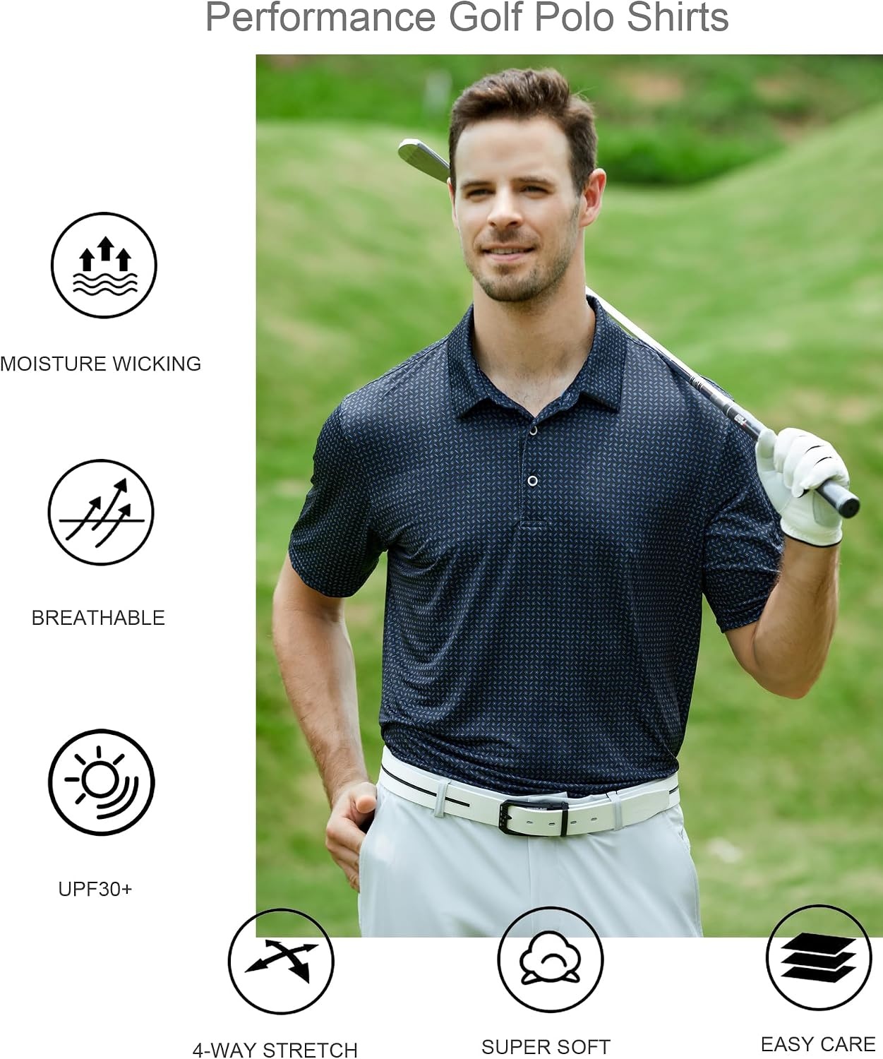 image:imageAlex Vando Mens Golf Shirt Moisture Wicking Print Performance Polo Shirt UPF40 UV shielding Lightweight Contrast collar piping Fullbody patterns Machine washable Multisport topBlack Dots
